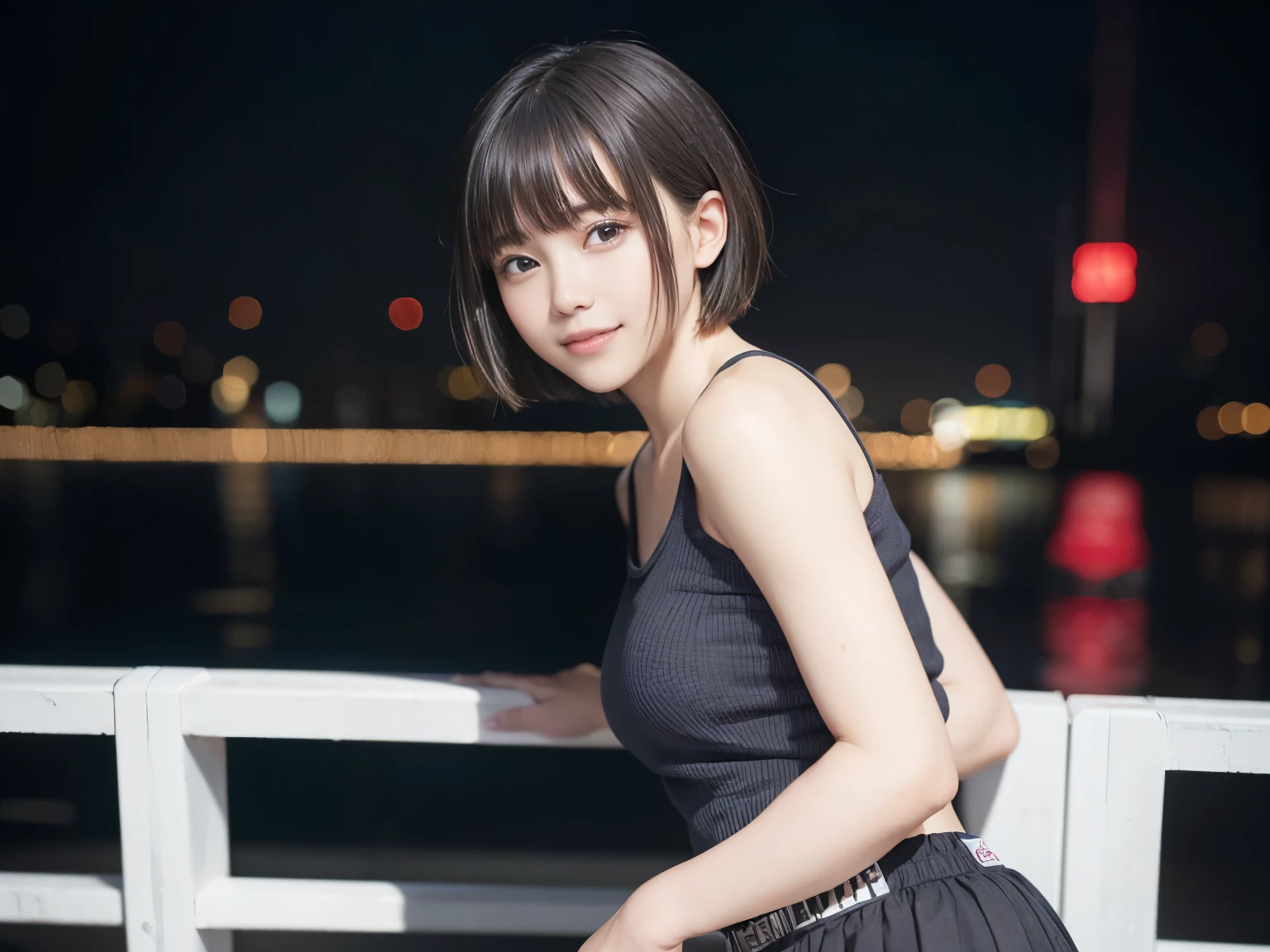(Realistic: 1.4), (highest quality: 1.4), Ultra-high resolution, (fine grain),Full Body Shot,((Pose for gravure photography)),1. High school girl,Short Hair、(超Short Hair、Berry Short ),(Straight bangs)、,1 girl, Tokyo, night, Cityscape, City lights, Tank top,Black pleated skirt, smile, (8k, RAW Photos, highest quality, masterpiece: 1.2), (Genuine, photoGenuine: 1.37),smile,Idol,