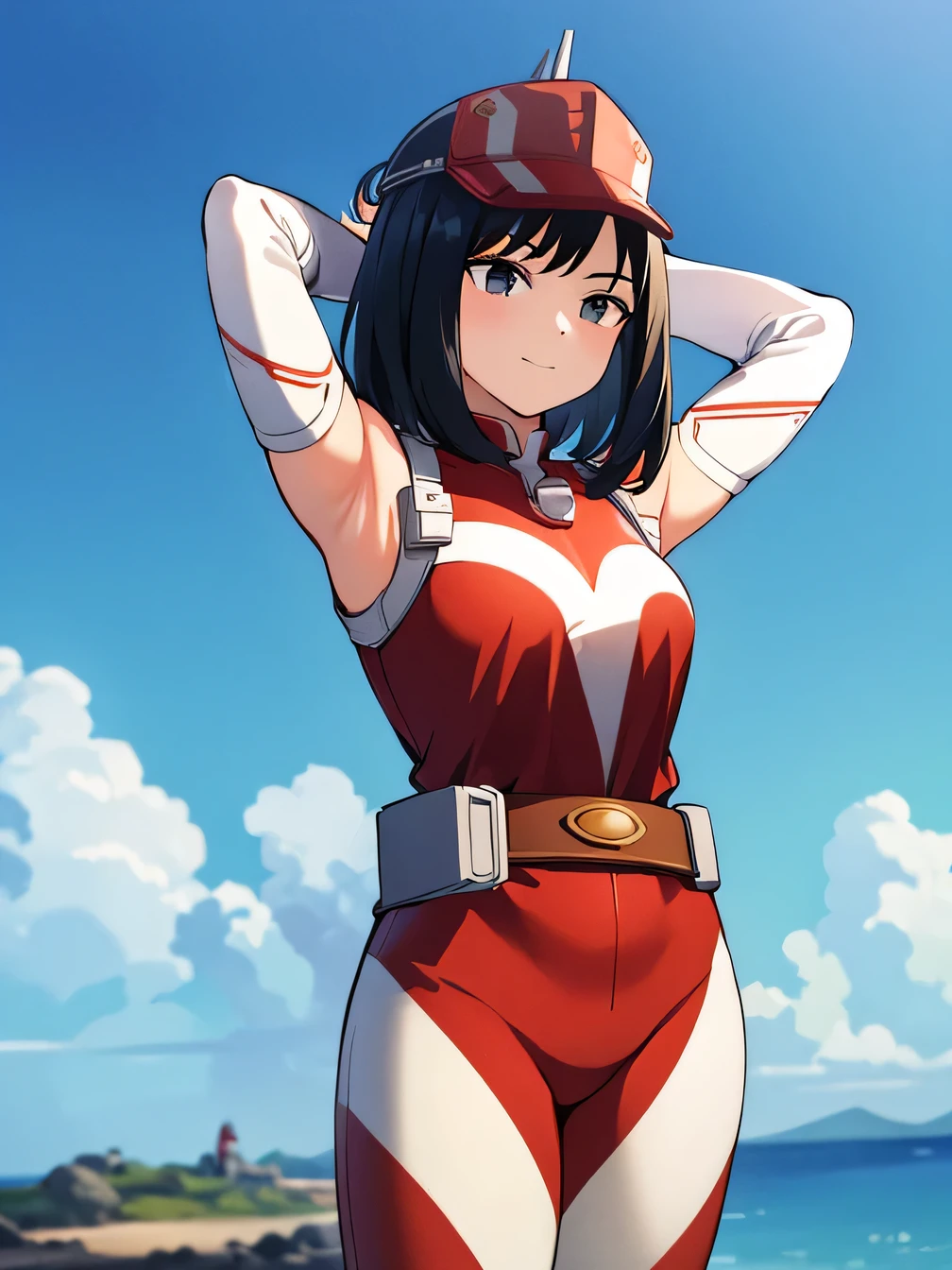 1girl, alone, yui kodai, medium hair, black eyes, smiling, closed mouth, best quality, (peak cap: 1.2), (red and white jumpsuit: 1.2), sleeves long, belt, (red and white pants: 1.2), (white sneakers: 1.2), large breasts, medium waist, anime, closed mouth, solo, (cowboy shot:1.5), night sky, beach, arms behind head, contrapposto, shy smile, spread armpits, best quality, looking at viewer, expressionless,