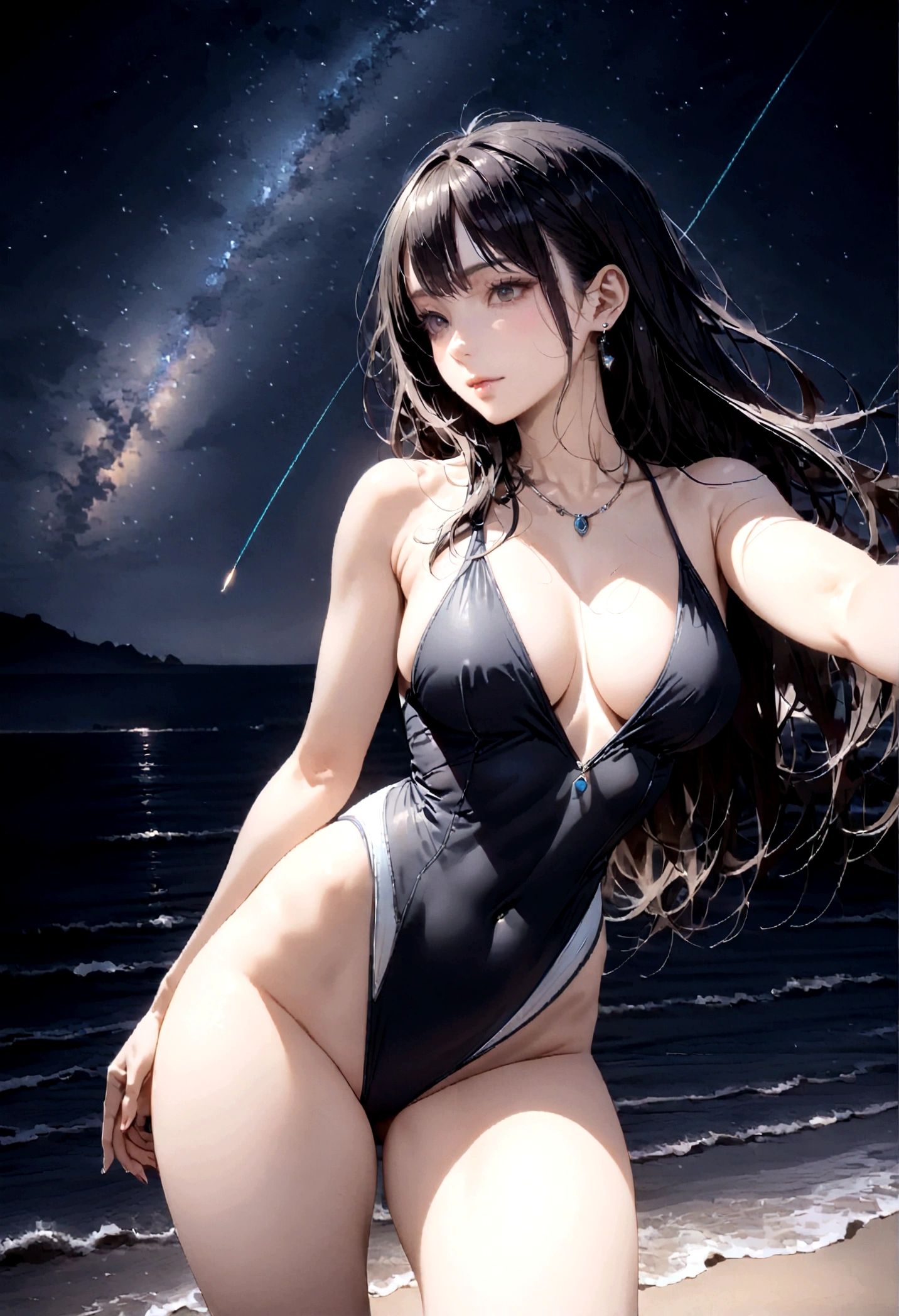 8k, masterpiece, RAW Photos, highest quality, Realistic, Very detailed, Depth of written boundary, Cinematic Light, Anatomically correct body,
One beautiful 40 year old woman, Very beautiful face, Exquisitely detailed face, (A calm and gentle face:1.4), Very delicate skin texture, Transparent muscle, Shiny white skin, Glamorous Body,
(Wavy black long hair:1.2), (Sexy Breasts:1.1), (Sexy ass:1.1),
(White high leg swimsuit:1.2), (Detailed cloth texture:1.2), (Gorgeous necklace:1.1), (Gorgeous earrings:1.1),
(Dark starry background:1.4), (Milky Way:1.1), (milky way:1.1), (shooting star:1.1), (Dark coastline at night:1.4), (Pitch black sea surface:1.4),
(Standing on the beach:1.2),
(Cowboy Shot:1.2),