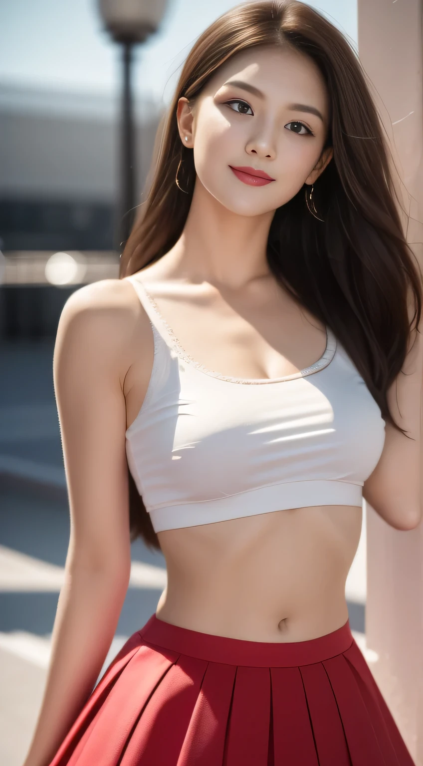 hair bobbles, wince, longeyelashes, solid circle eyes, light smile, ear blush, fang, ccurate, Surrealism, drop shadow, anaglyph, stereogram, tachi-e, pov, atmospheric perspective, 8k, super detail, best quality, UHD, anatomically correct, high details, best quality, highres, high quality, retina, masterpiece, textured skin, high quality, highres, award winning, super detail, masterpiece, textured skin, accurate,It depicts a beautiful young cheerleader,With long brown hair and an extremely beautiful face. She wears sexy clothes,Showing off her charming charm. She raised her arms,Refresh, Showing her energy and enthusiasm ((Her skirt fluttered gracefully in the air)), 1 girl