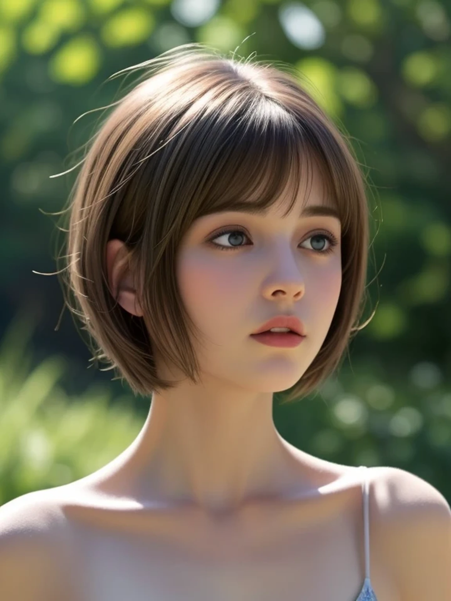 (looking away:1.4), (upper body shot:1.2), Realistic digital painting of a woman portrait, Shy,  Cute, open mouth to say something, sad, blue eyes,  (short hair:1.1), (light brown brunette hair:1.3), (Highly detailed skin:1.2), Mystical style, Global Illumination,