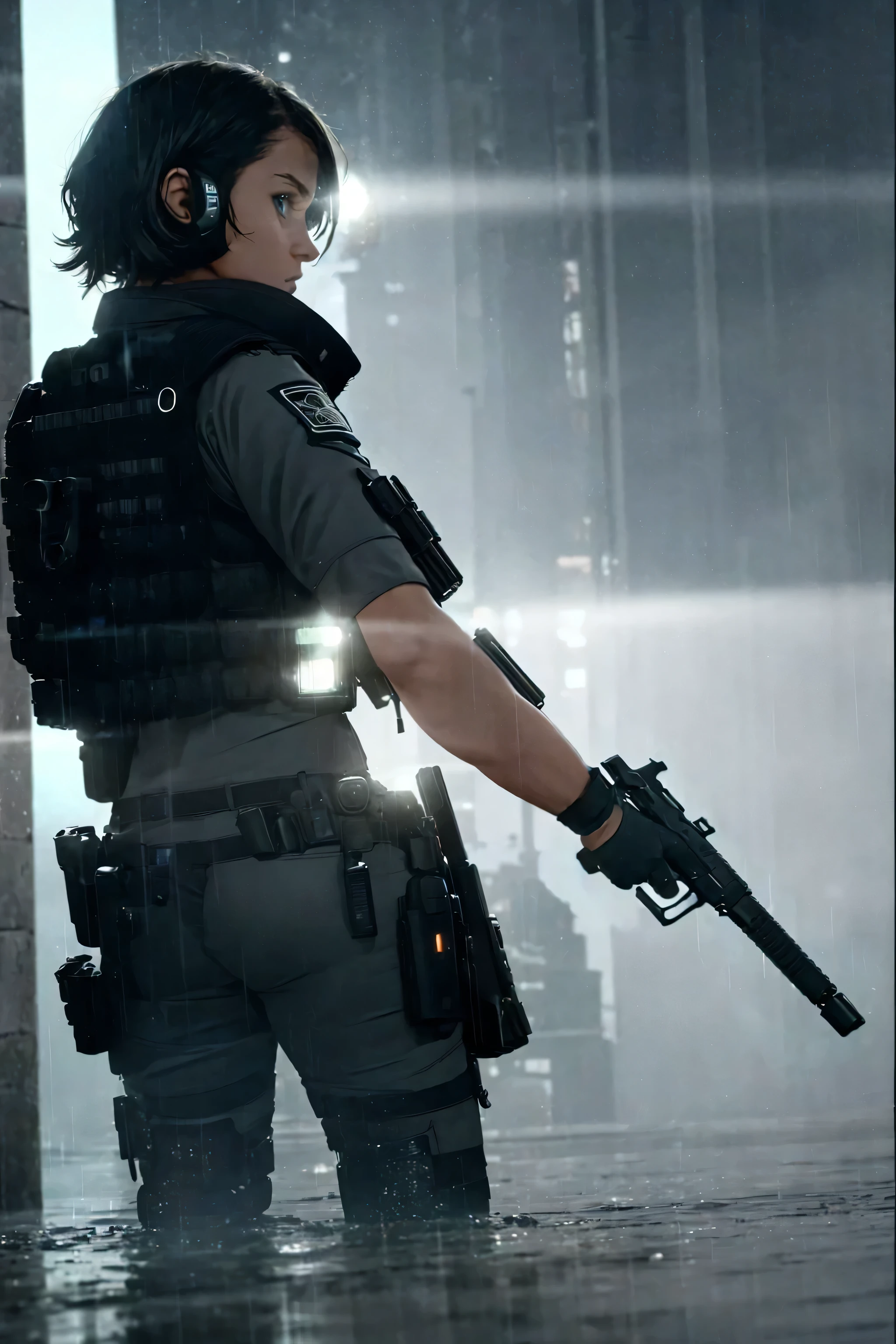 (photorealistic, 8k, masterpiece), 1girl, ((looking at viewer over her shoulder)), short hair, police officer, ballistic vest, tactical gear, gloves, (futuristic small pistol), futuristic city, raining night, (backlight:1.6), realistic, cinematic lighting, dramatic lighting, water at knees, rain drops, moody colors, dark tones