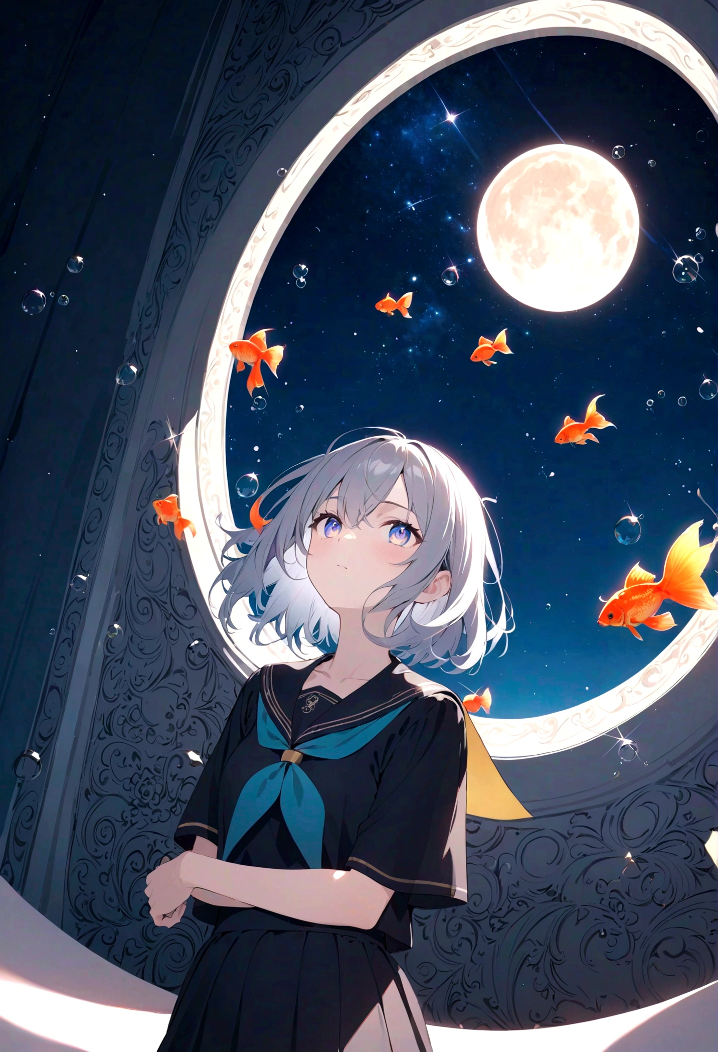 (woman\(student, 15 years old, JK, short hair, Silver Hair, Flowing hair, Cosmic eyes, Black sailor suit\(high school\), Pale skin, Tired face, Eyes without luster\) look up to the sky), (Many goldfish swimming in the air), Beautiful sky, Beautiful clouds, In summer,Colorful flowers blooming everywhere, (Crystal clear bubbles sparkle in the sky), Midday moon and midday stars in the sky, woman is at messy downtown, rest ,quality\(8K,極為細緻的CG單元wallpaper, masterpiece,High resolution,top-quality,top-quality real texture skin,Surrealism,Improve resolution,RAW photos,Best quality,Very detailed,wallpaper,movie lighting,Ray Tracing,Golden Ratio\),(long shot),Wide-angle lens,