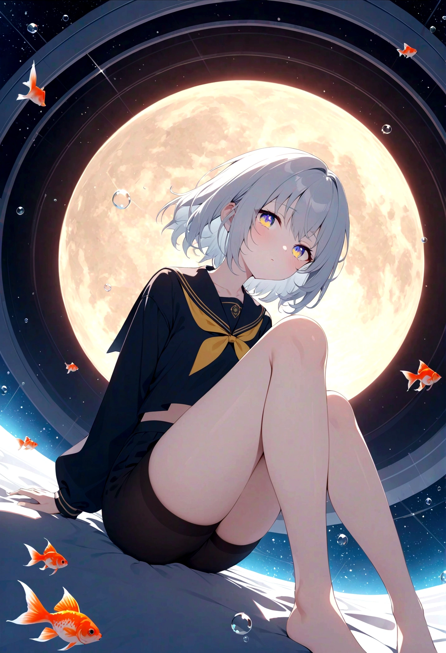 (woman\(student, , JK, short hair, Silver Hair, Flowing hair, Cosmic eyes, Black sailor suit\(high school\), Pale skin, Tired face, Eyes without luster\) look up to the sky), (Many goldfish swimming in the air), Beautiful sky, Beautiful clouds, In summer，Colorful flowers blooming everywhere, (Crystal clear bubbles sparkle in the sky), Midday moon and midday stars in the sky, woman is at messy downtown, rest ,quality\(8K,極為細緻的CG單元wallpaper, masterpiece,High resolution,top-quality,top-quality real texture skin,Surrealism,Improve resolution,RAW photos,Best quality,Very detailed,wallpaper,movie lighting,Ray Tracing,Golden Ratio\),(long shot),Wide-angle lens,