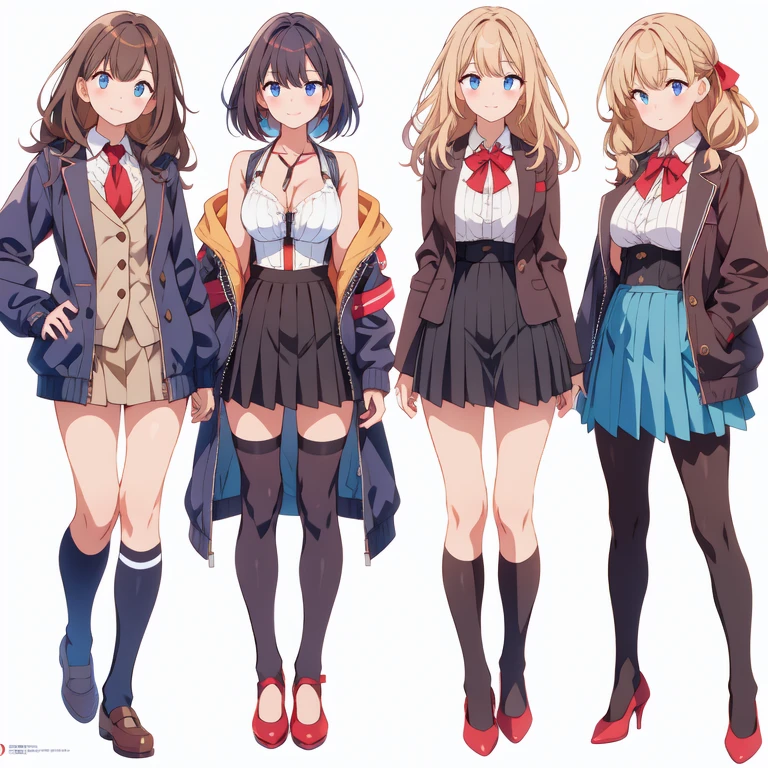 (stand posture), cute eyes, 3 girls, jacket, uniform, cleavage, skirt, solo, ((white background)), (full body), multiple views, vest, bustier,