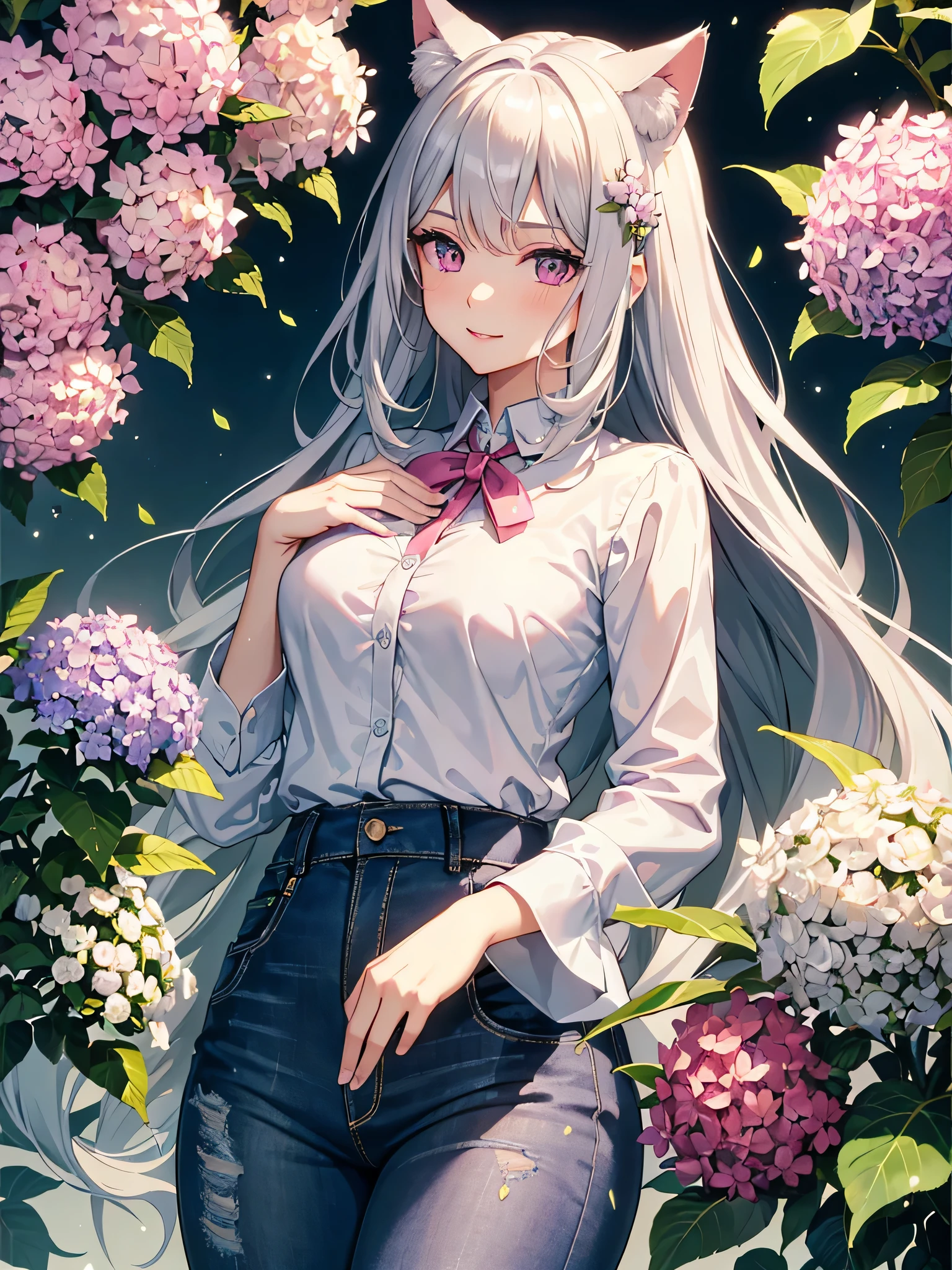 masterpiece,highest quality,Highly detailed face,fine grain,Waterfront,bubble,Sparkling eyes,Highlighted eyes,Center of chest,pretty girl,smile,Cat ear,Beautiful silver hair,Pink inside,Beautiful pink eyes,Oversized shirt、Hydrangea, distressed jeans