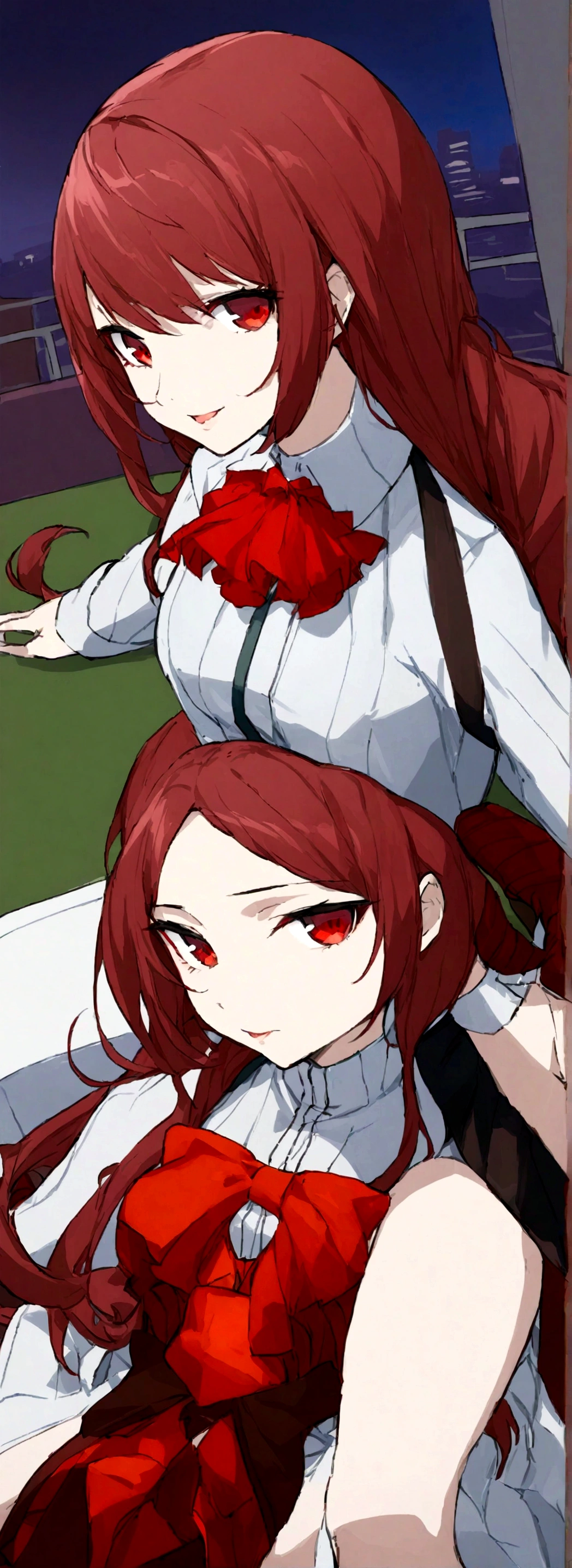 ((masterpiece, best quality)) Persona3ReloadMitsuru, 1girl, solo, long hair, red hair, wavy hair, side bangs, red eyes, on the coffee , minidress, japonese city in the background night, sitting cross-legged, 18 years old,