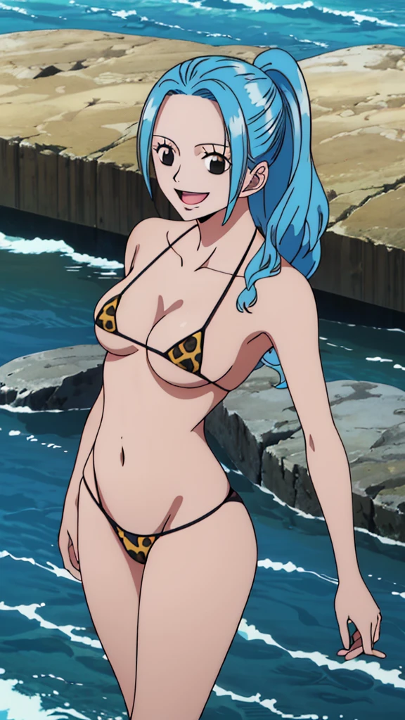 (masterpiece, 4K, highest quality, anime style: 1.9, Detailed face, Lovely, Ocean,Bold line, High resolution, anime, Lake 4. alone, Curvaceous, Thighs, Cleavage, Mid-chest, smile, Please open your mouth wide, Very slim belly, Cowboy Shot, Leopard print micro bikini,1 girl、Round black eyes, Blue Hair)、medium to long straight hairstyles、ONE PIECEanime風、Bibi
