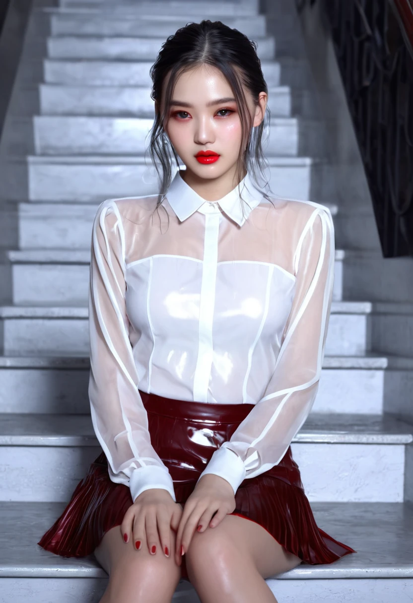 top quality work,Actual work,Ultra Premium Graphics,8K HD CG works,High quality graphics,High-definition CG works,10x pixels,Extremely fine detail:1.1,Advanced Technical Details:1.1 Photorealistic,(Girl sitting on the stairs)Natural light:1.5. Light effects(virtual Light effects:1.8),Wet Long Silver Hair,Silver Hair,Transparent Hair,Hair with attention to detail(premium hair detail:1.1)Clear Eyes,Beautiful double eyelids,Sharp eye makeup, Delicate eyelash makeup, Thin eyebrows, Highly detailed eyes,High nose, Nice red lips, Rose Cheeks, A face with delicate makeup , Cute face, perfectly balanced face,(Advanced Face Detail:1.1),Shiny,Wonderful dress,bright red series,(translucent wet white blouse)、leather mini skirt、girl 、photo shoot,woman'artwork of,Full body portrait,realism,wonderful,My eyes are shining today、(8. She's Wet)),(Sudden rain、Wind),(The wind blows up my skirt),(I can see your panties)、sensual smile,