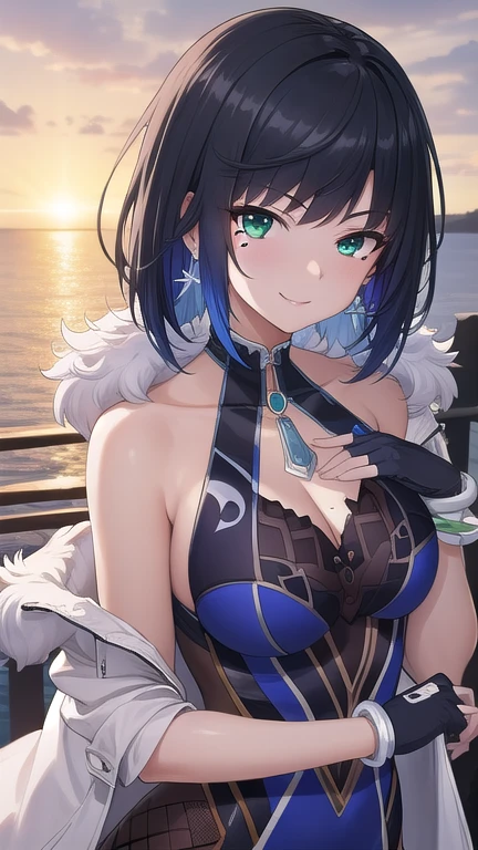 ((masterpiece)),(best quality),official art,extremely detailed CG,unity 8k wallpaper,ultra detailed,A lighthouse on a cliff by the sea,1girl,solo,upper body,looking at viewer,short_hair,blue_hair,bangs,jewelry,green_eyes,asymmetrical_gloves,white_jacket,mismatched_gloves,white_gloves,earrings,multicolored_hair,mole_on_breast,black_hair,black_gloves,smile,cleavage,bracelet,medium_breasts,fingerless_gloves,jacket_on_shoulders,fur-trimmed_jacket,blue_dress,sleeveless,elbow_gloves,