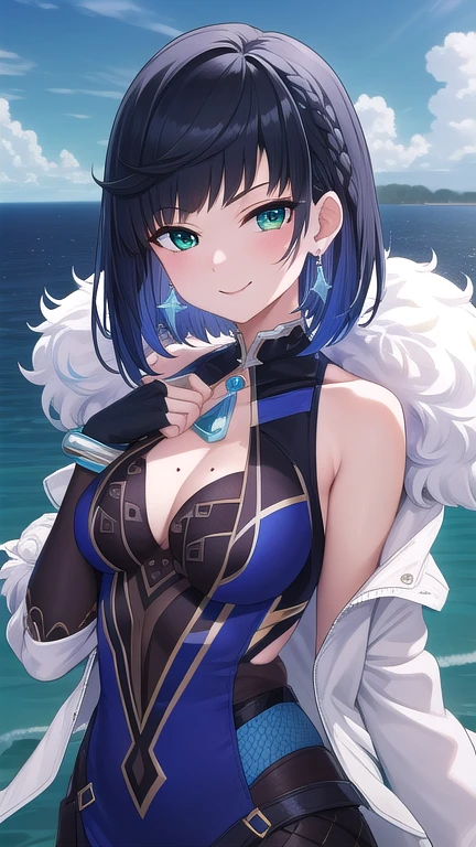 ((masterpiece)),(best quality),official art,extremely detailed CG,unity 8k wallpaper,ultra detailed,A lighthouse on a cliff by the sea,1girl,solo,upper body,looking at viewer,short_hair,blue_hair,bangs,jewelry,green_eyes,asymmetrical_gloves,white_jacket,mismatched_gloves,white_gloves,earrings,multicolored_hair,mole_on_breast,black_hair,black_gloves,smile,cleavage,bracelet,medium_breasts,fingerless_gloves,jacket_on_shoulders,fur-trimmed_jacket,blue_dress,sleeveless,elbow_gloves,