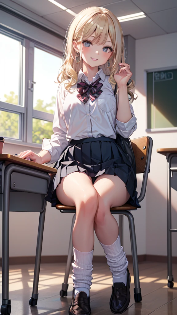 (8k、highest quality、highest quality、masterpiece)、Detailed face、One Girl、 blonde、Wavy Hair、Grey Eyes、Earrings、Pink Lips、Wicked Smile、Mid-chest、((White collared shirt))、A bow tie、((Black pleated skirt))、White socks、loafers、Sit on a chair、Crossing your legs、Classroom Background