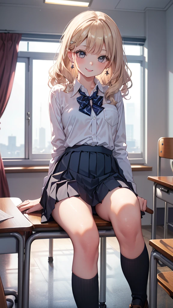 (8k、highest quality、highest quality、masterpiece)、Detailed face、One Girl、 blonde、Wavy Hair、Grey Eyes、Earrings、Pink Lips、Wicked Smile、Mid-chest、((White collared shirt))、A bow tie、((Black pleated skirt))、White socks、loafers、Sit on a chair、Crossing your legs、Classroom Background
