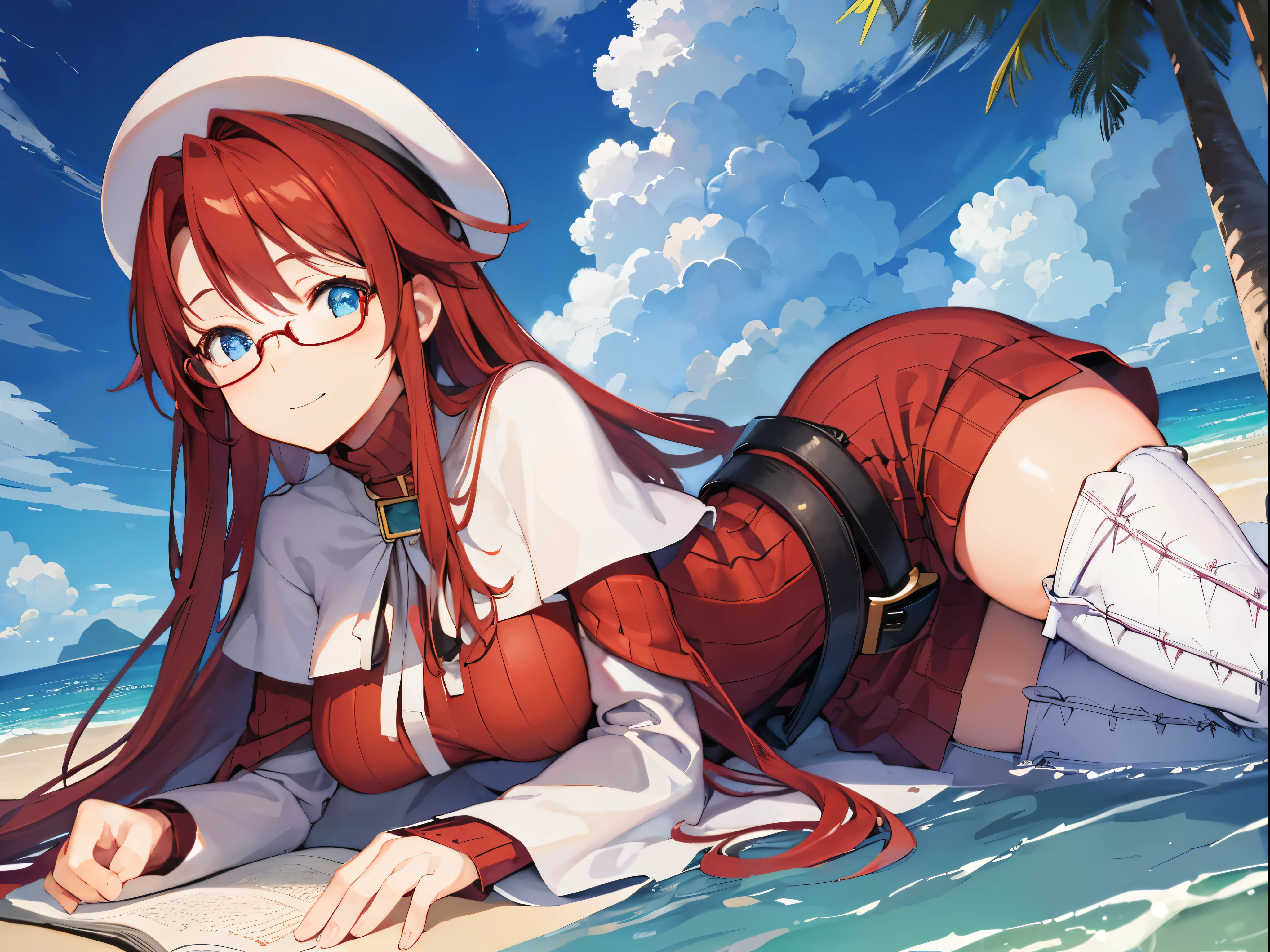 summonnightaty, aty, (young:1.3),long hair, blue eyes, red hair, big_tits, hat, glasses,
BREAK long hair, thighhighs, hat, dress, naked_legs, glasses, belt, cape, sweater, zettai ryouiki, beret, thigh boots, white footwear, ribbed sweater, loose belt,solo,
BREAK outdoors, fantasy,on_beach,
,Highquality_hads,perfect_fingers,
BREAK (masterpiece:1.2), best quality, high resolution, unity 8k wallpaper, (illustration:0.8), (beautiful detailed eyes:1.6), extremely detailed face, perfect lighting, extremely detailed CG, (perfect hands, perfect anatomy),covered_nipples,covered_navel ,half_eyes,long_sword,sleepy,red_sweater,apart_knees,magical_effect,spread_legs, have_a_book,teacher,rise_knee,Smile,rise_hand,look_down_viewer,spread_arms,sea​_waves,looking_into,blue_sky,plump,open_mouth, dynamic_posing