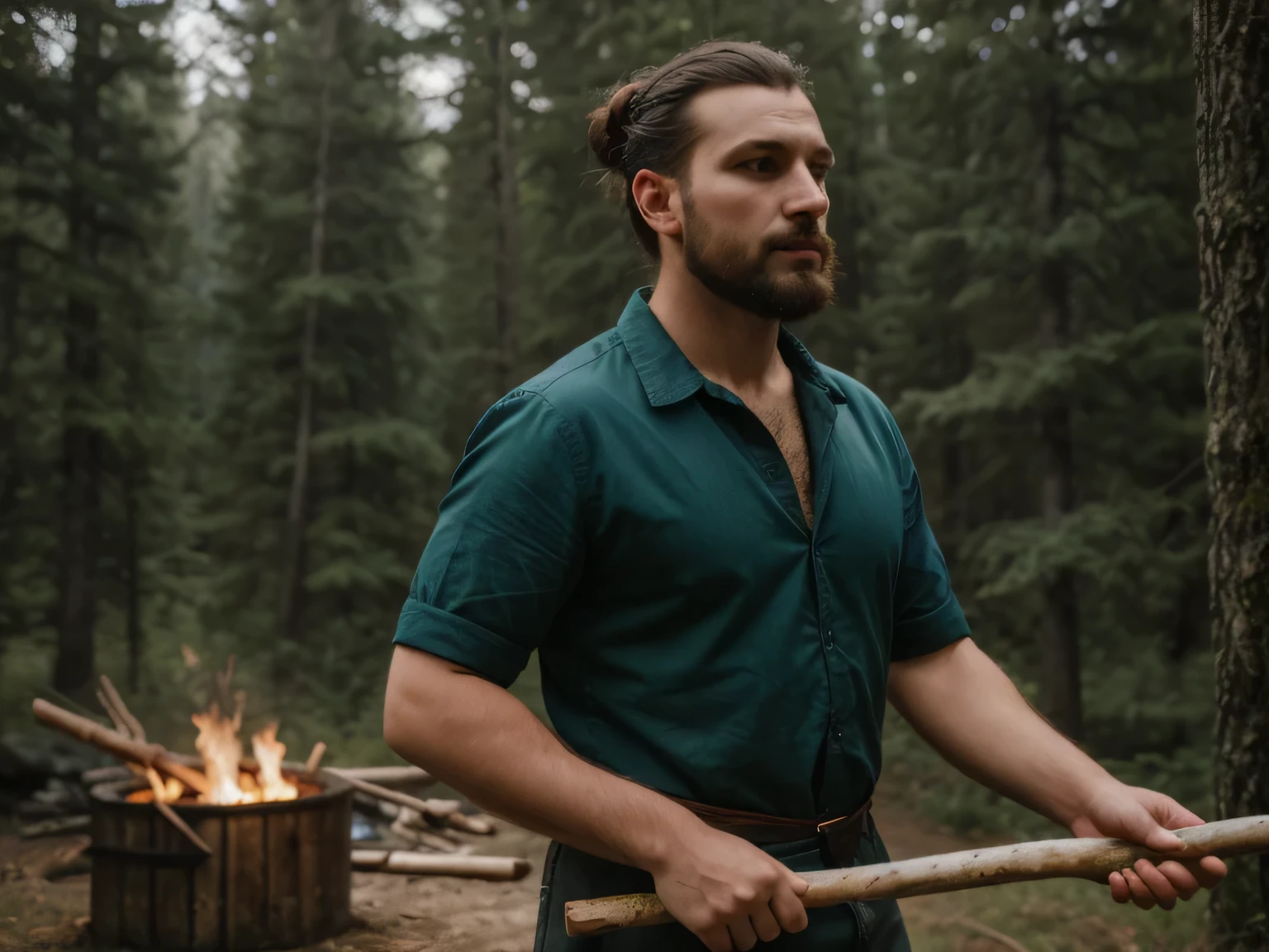 30 y/o caucasian man with beautiful detailed green eyes, black hair in bun, ducktail beard dressed as a gypsy woodsman, axe, firewood chopping block, in a pacific northwest forest clearing, (best quality,4k,8k,highres,masterpiece:1.2),ultra-detailed,(realistic,photorealistic,photo-realistic:1.37),intricate details,vibrant colors,dramatic lighting,cinematic composition,fantasy portrait, hyperrealistic