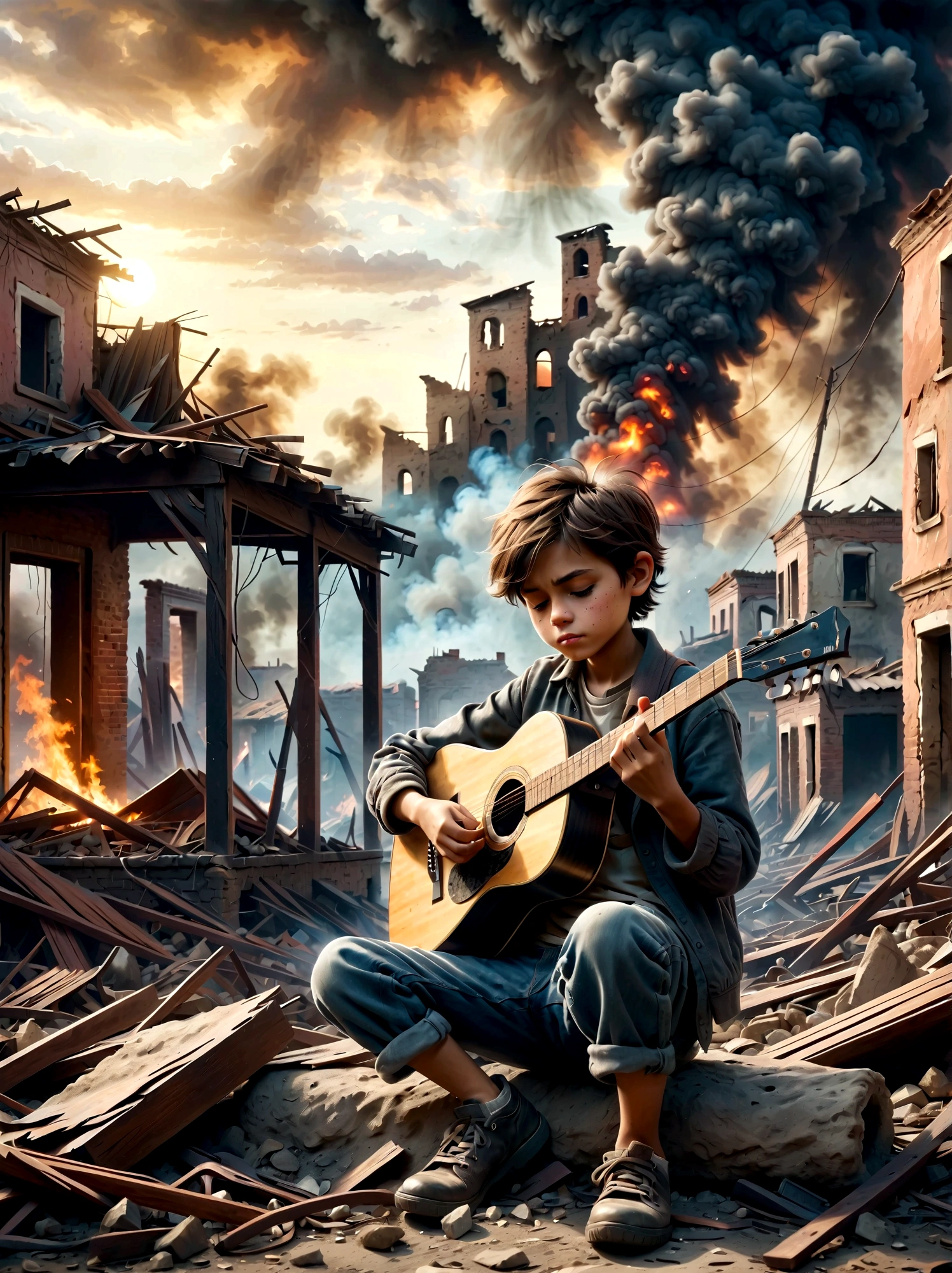 In the midst of a war-torn, smoky ruin, a  child is playing a guitar. The scene captures the stark contrast between the devastation of the surroundings and the innocence of the child. The ruins are filled with debris and remnants of buildings, with smoke and fire in the background. The child's expression is somber, reflecting the harsh reality of the situation. The overall mood is poignant and emotional, with muted colors and dramatic lighting to emphasize the desolation and the glimmer of hope represented by the music.