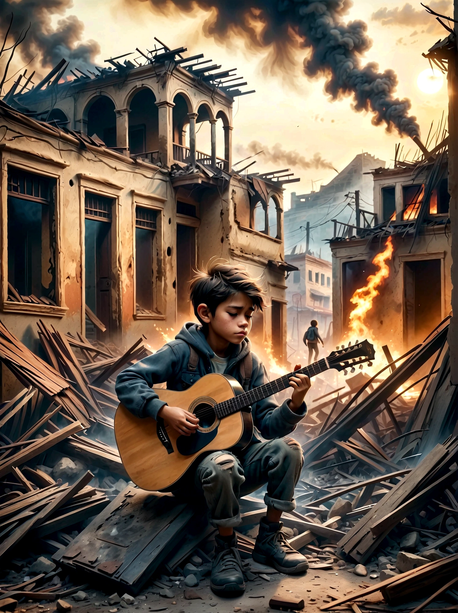 In the midst of a war-torn, smoky ruin, a  child is playing a guitar. The scene captures the stark contrast between the devastation of the surroundings and the innocence of the child. The ruins are filled with debris and remnants of buildings, with smoke and fire in the background. The child's expression is somber, reflecting the harsh reality of the situation. The overall mood is poignant and emotional, with muted colors and dramatic lighting to emphasize the desolation and the glimmer of hope represented by the music.