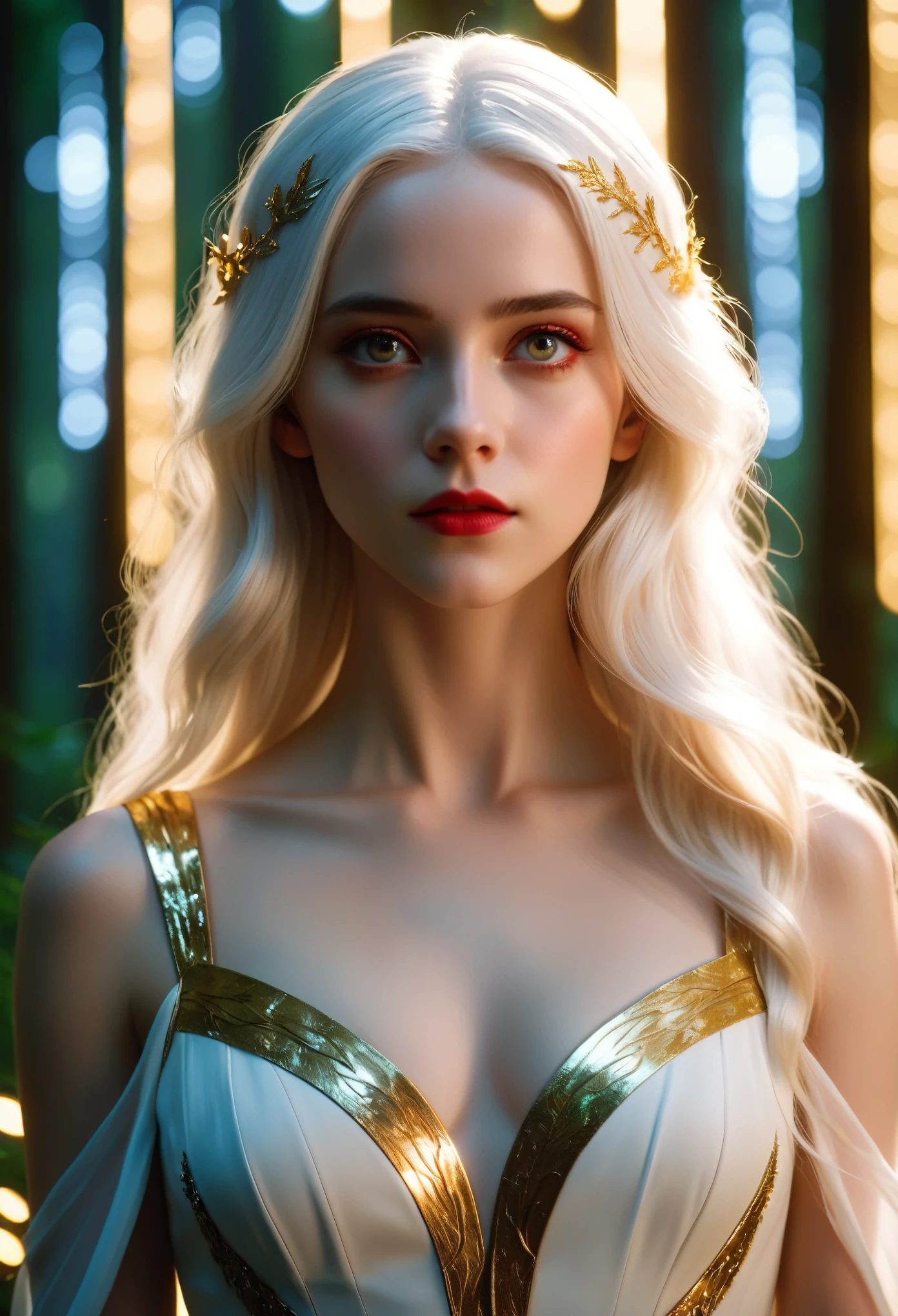 a girl with long white hair, White skin, and red eyes, In a forest of movie lights, Darkness and Low Light. She wore a white dress with gold accents, Her eyes are focused, Looking at the audience. Her skin is very fair, Her face is delicate and flawless, masterpiece, Artwork of the highest quality. This image is an incredibly detailed 8K CG wallpaper, Featuring art film lighting and cinematic tones as well as neutral filters.