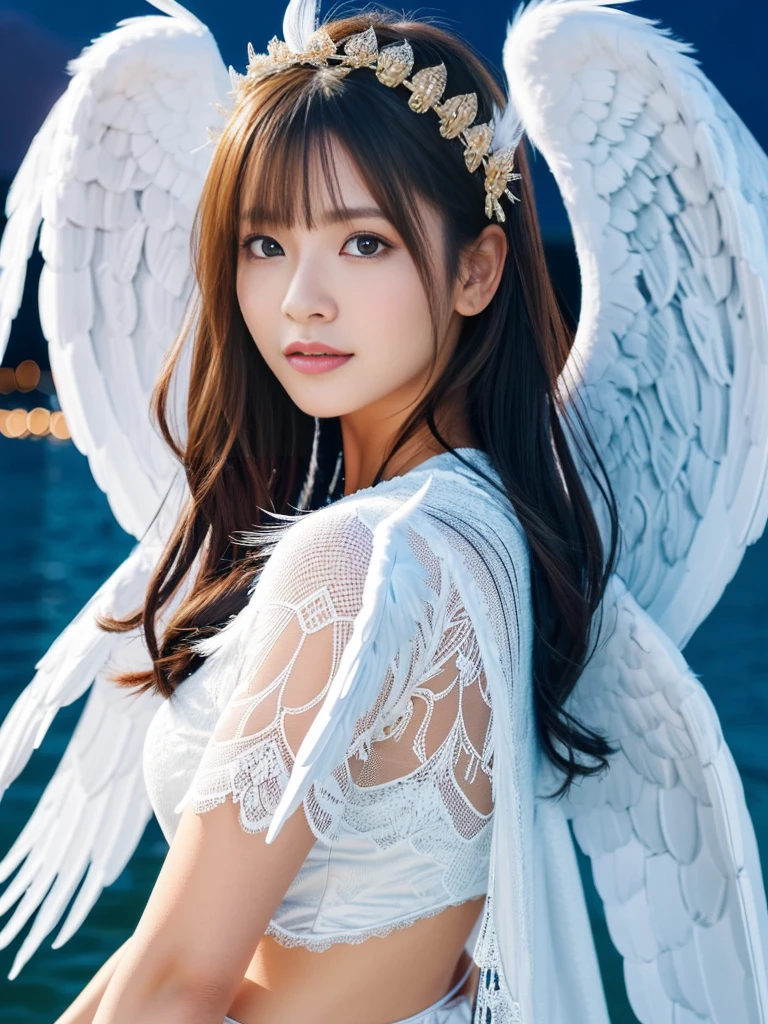 (A Ultra cute young Japanese Angel:1.75), (She has real Angel wings:1.75),(she wearing a decorated with feathers and lace holy angel costume slim fit:1.75),(She is an angel floating in the air on the lake:1.5),(beautiful detailed eyes:2.0),beautiful detailed lips, (extremely detailed cute face:2.0), longeyelashes, (slender woman body:1.75), (beautiful short hair:1.5), (natural makeup:1.2),big smile, incredibly beautiful skin,(professional lighting, bright lighting, photorealistic, 8k, high resolution, best quality, masterpiece, ultra-detailed:1.75), vivid colors, (Moonlit Night:1.5),(The moonlight shines on her face:1.2)