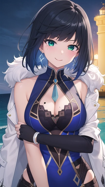 ((masterpiece)),(best quality),official art,extremely detailed CG,unity 8k wallpaper,ultra detailed,A lighthouse on a cliff by the sea,1girl,solo,upper body,looking at viewer,short_hair,blue_hair,bangs,jewelry,green_eyes,asymmetrical_gloves,white_jacket,mismatched_gloves,white_gloves,earrings,multicolored_hair,mole_on_breast,black_hair,black_gloves,smile,cleavage,bracelet,medium_breasts,fingerless_gloves,jacket_on_shoulders,fur-trimmed_jacket,blue_dress,sleeveless,elbow_gloves,