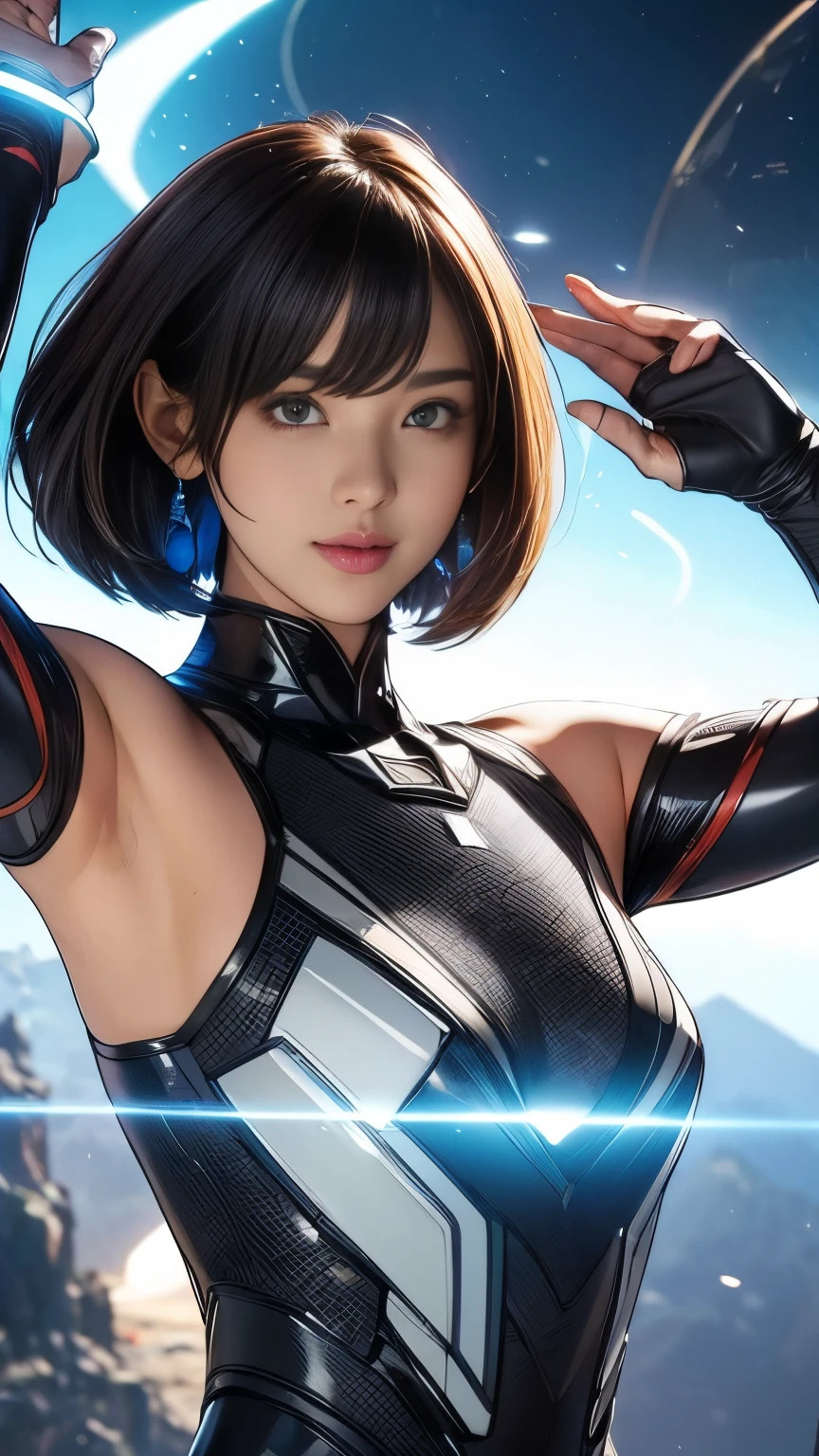 (original photo, best quality), (Practical, Photorealism:1.3), 1 girl, bob cut、earrings、Smile、Practicalbody,Old space suit、ancient、rock、ancientの儀式、Pyramid-shaped UFO coming from space、laser light、 (( Japanese girl)), ((armpit hair、armpit hairを見せる、raise your arms、armpit))