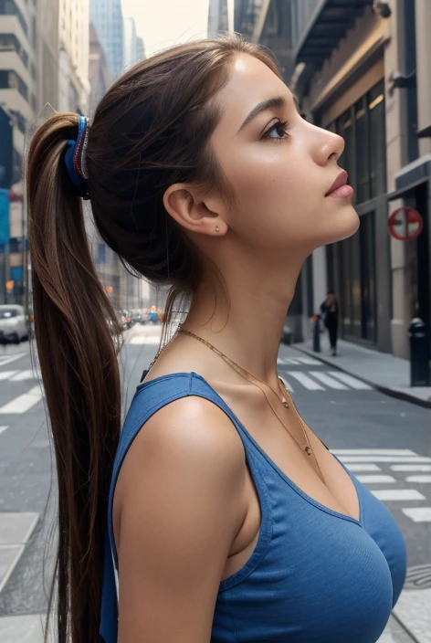 ((masterpiece, best quality, highres, absurdres)), 1girl, solo, from side, close-up, low angle, busty , perky breasts, long twintails, brown hair, brown eyes, loose sleeveless cutoff shirt, flowy blue shirt, necklace, new york city, street exterior, chilly morning mist, light particles, looking up at the skyscrapers in awe, wide eyes, parted lips
