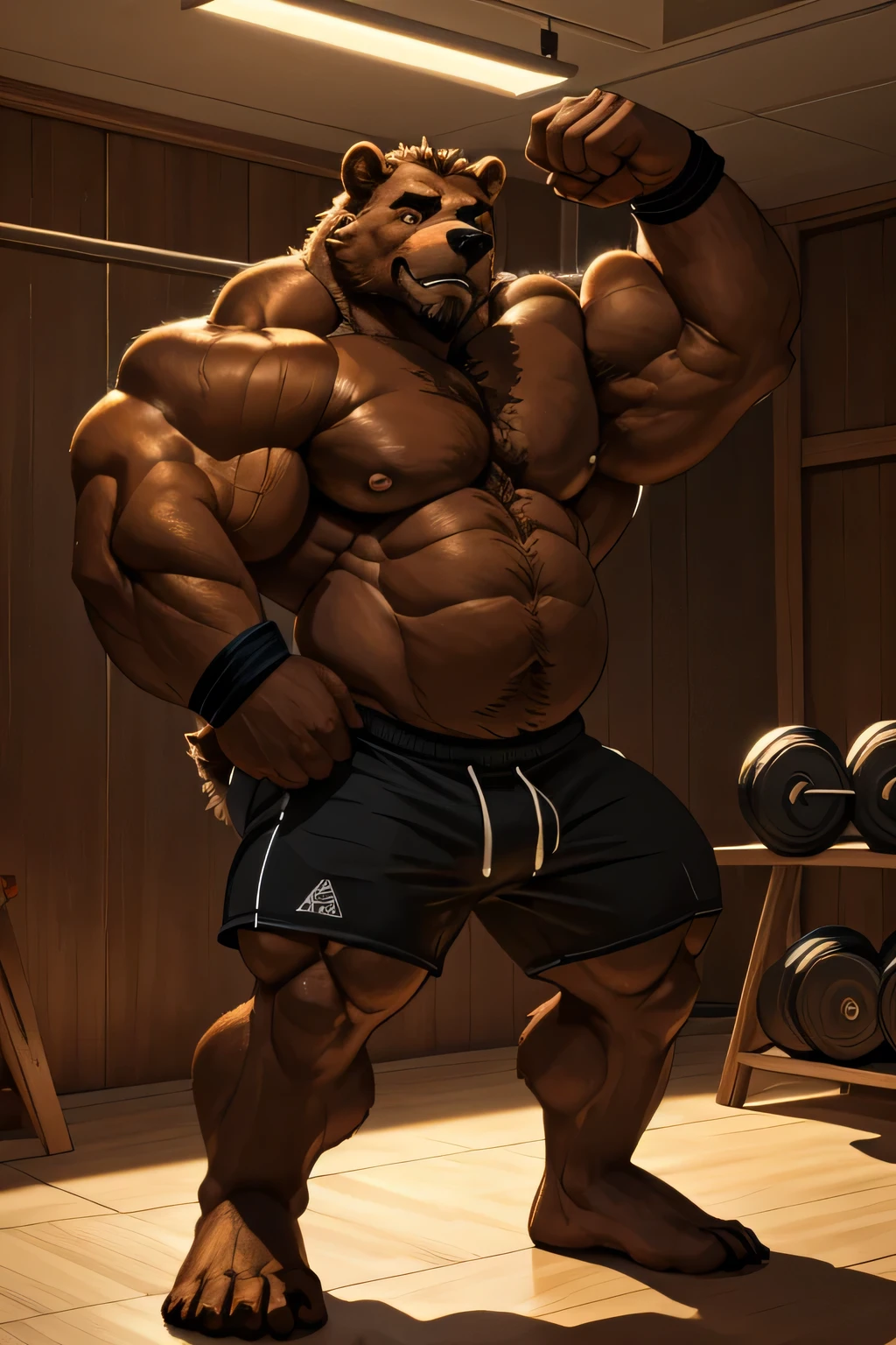 (best quality, 4k, highres, masterpiece:1.2), ultra-detailed, fury, furry art (realistic, photorealistic, photo-realistic:1.37), massive muscular, huge muscular, chubby Grizzly bear, working out, standing and working out in the gym, pumping his huge muscular arms, black shorts and black wristbands, lifting heavy weights, dumbbells, gym equipments, brown hair, thick brown fur, super thick arms, super big pectoral, super wide hairy pectoral, topless, shirtless, eyebrows, impressive brown beard, strong jawline, kind eyes, strong arms, proud posture, well-built physique, professional lighting and backdrop, intense shadows, vibrant colors, dramatic composition, gritty texture, vintage aesthetic, dynamic perspective. Add textures and details to make the image more realistic, such as the appearance of the body built muscles texture and the appearance of the brown fur