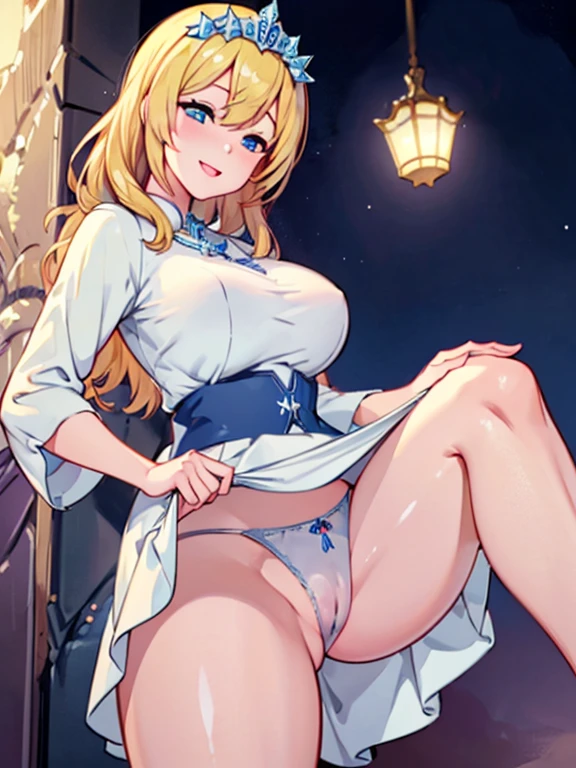 1girl, Cinderella, (masterpiece, top quality, best quality, official art, beautiful and aesthetic:1.2), (1girl:1.3), (fractal art:1.3), upper body, spread legs, portrait, show crotch, between legs,((She shyly lifted her skirt Showed panties)), blue dress, looking at viewer, smiling, cute, adorable, skirt lift, Panty, simple panties, (large breasts:1.5,) white panties, dress lift, cameltoe, from below, spray glowing, dress, blonde, tempting you, I'm inviting you to have sex