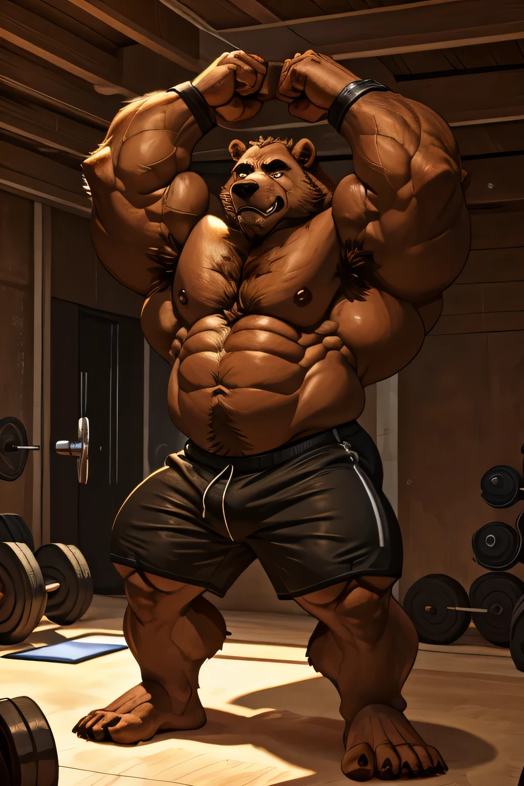 (best quality, 4k, highres, masterpiece:1.2), ultra-detailed, fury, furry art (realistic, photorealistic, photo-realistic:1.37), massive muscular, huge muscular, chubby Grizzly bear, working out, standing and working out in the gym, pumping his huge muscular arms, black shorts and black wristbands, lifting heavy weights, dumbbells, gym equipments, brown hair, thick brown fur, super thick arms, super big pectoral, super wide hairy pectoral, topless, shirtless, eyebrows, impressive brown beard, strong jawline, kind eyes, strong arms, proud posture, well-built physique, professional lighting and backdrop, intense shadows, vibrant colors, dramatic composition, gritty texture, vintage aesthetic, dynamic perspective. Add textures and details to make the image more realistic, such as the appearance of the body built muscles texture and the appearance of the brown fur