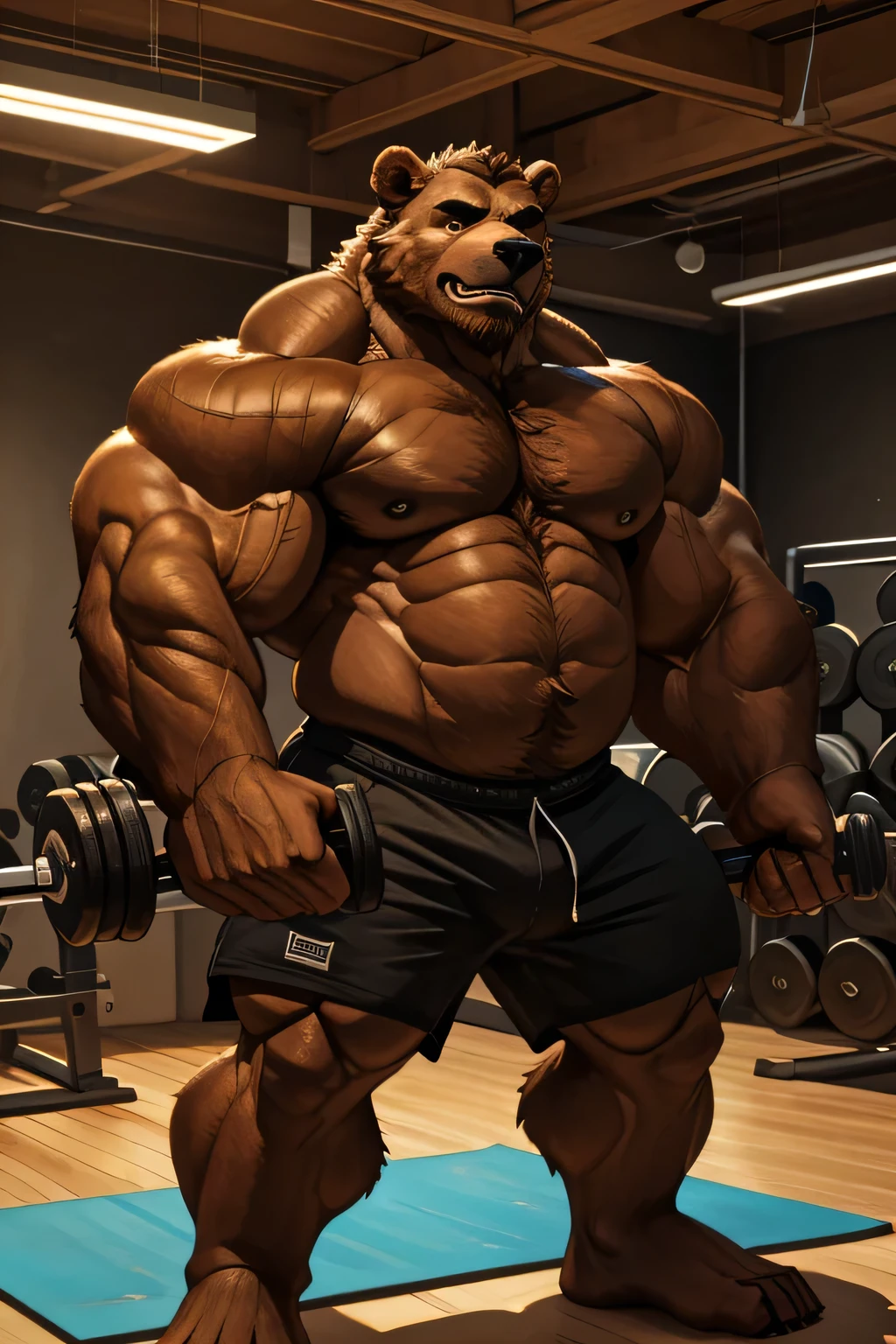 (best quality, 4k, highres, masterpiece:1.2), ultra-detailed, fury, furry art (realistic, photorealistic, photo-realistic:1.37), massive muscular, huge muscular, chubby Grizzly bear, working out, standing and working out in the gym, pumping his huge muscular arms, black shorts and black wristbands, lifting heavy weights, dumbbells, gym equipments, brown hair, thick brown fur, super thick arms, super big pectoral, super wide hairy pectoral, topless, shirtless, eyebrows, impressive brown beard, strong jawline, kind eyes, strong arms, proud posture, well-built physique, professional lighting and backdrop, intense shadows, vibrant colors, dramatic composition, gritty texture, vintage aesthetic, dynamic perspective. Add textures and details to make the image more realistic, such as the appearance of the body built muscles texture and the appearance of the brown fur