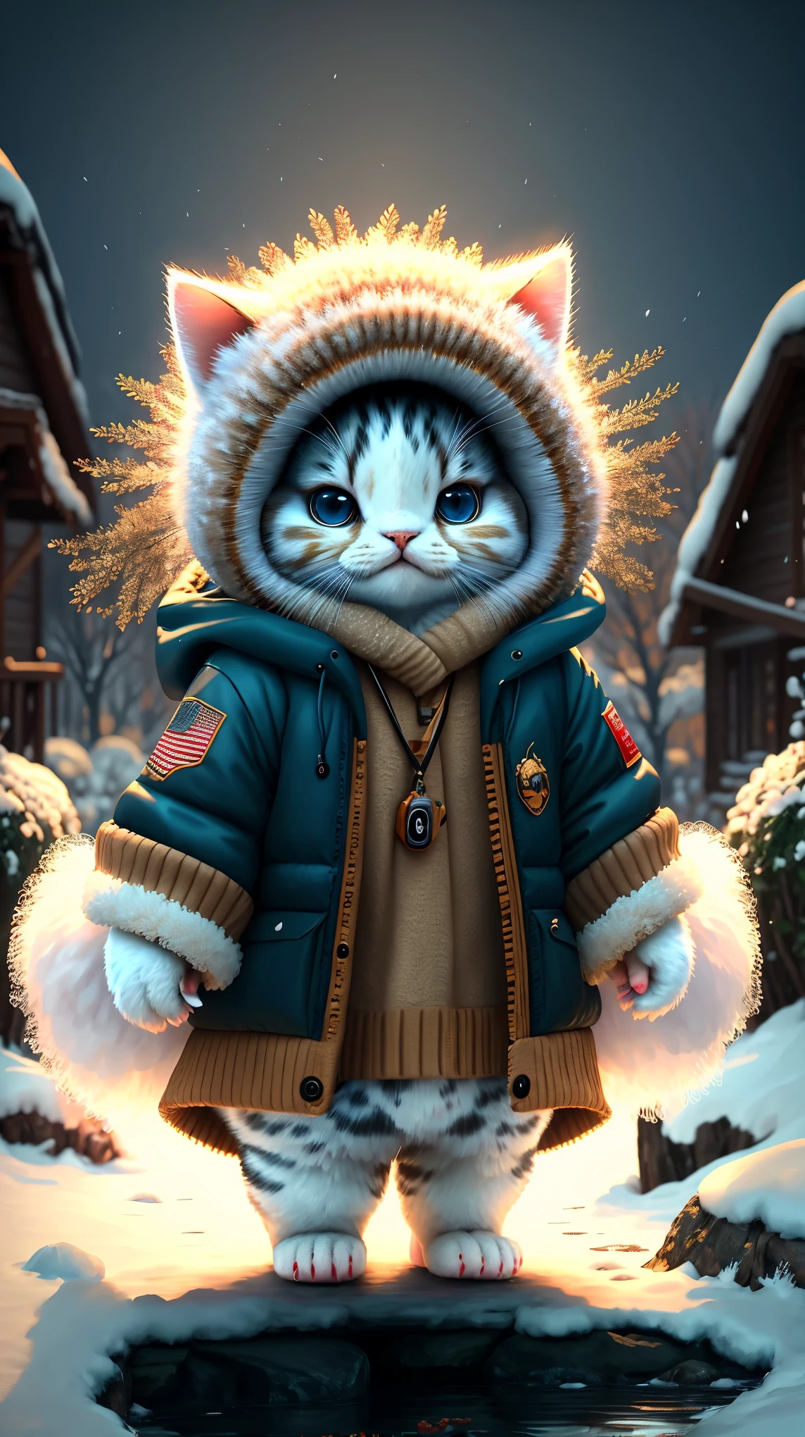 best image quality、"Create cute creature masterpieces.、(winter)American Shorthair, high detail, In 8K、best image quality、Dressed as an adventurer、Bogan in hand、Video Game Hero Costume、(((cute)))、