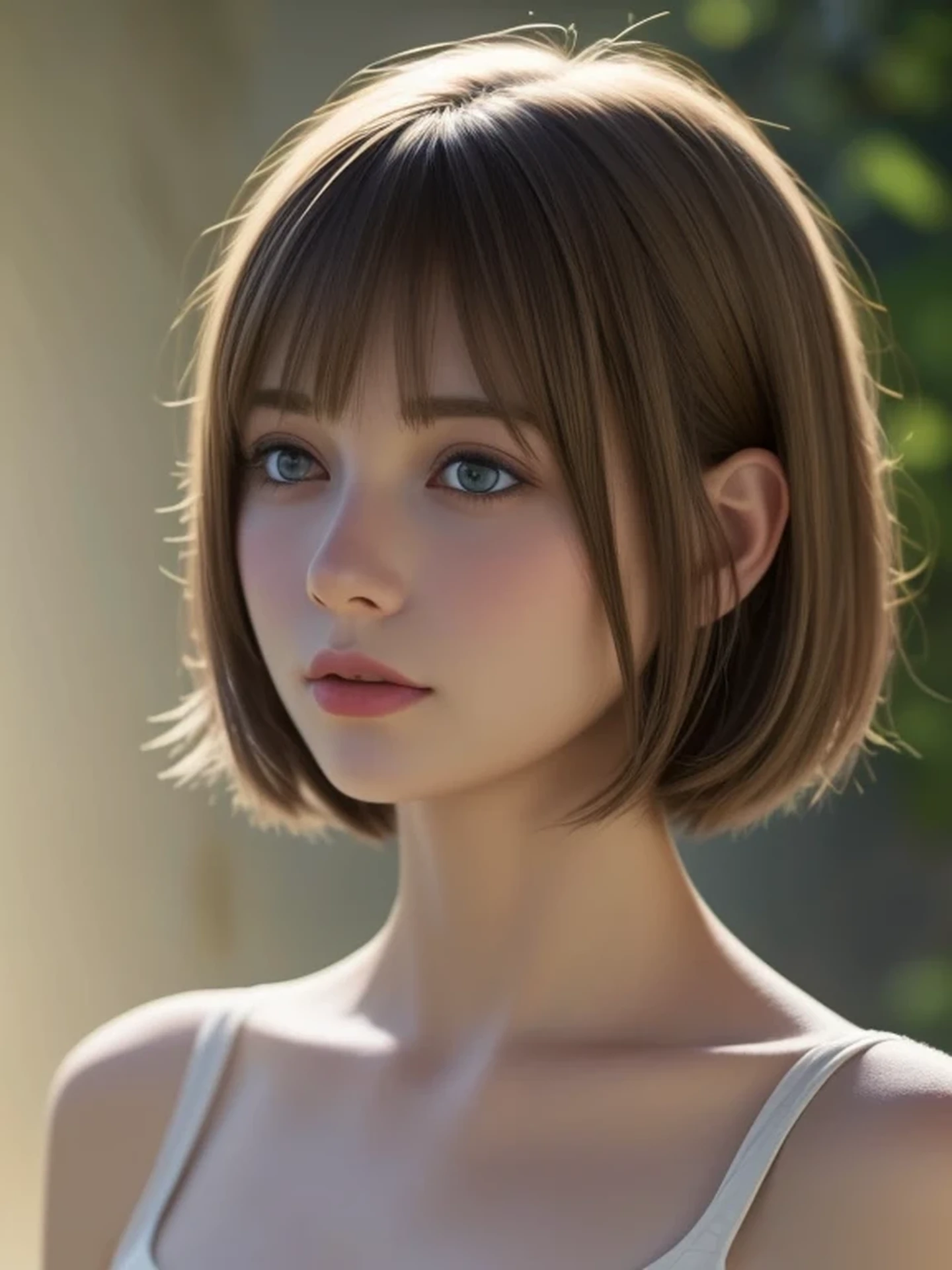 (looking away:1.4), (upper body shot:1.2), Realistic digital painting of a woman portrait, Shy,  Cute, open mouth to say something, sad, blue eyes,  (short hair:1.1), (light brown brunette hair:1.3), (Highly detailed skin:1.2), Mystical style, Global Illumination,