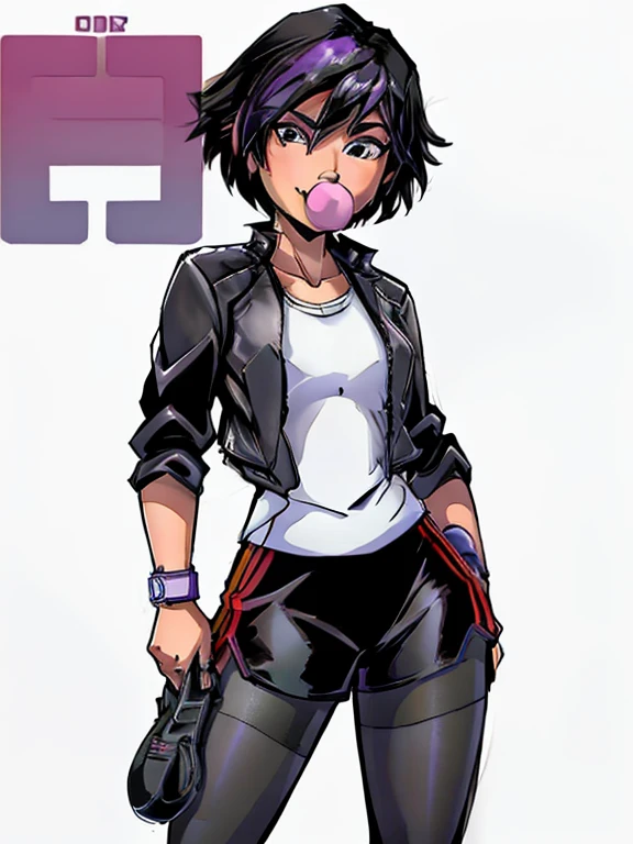 (best quality:1.3), (4K quality),masterpiece, best quality, high res, detailed, (Detailed face:1.2), (Detailed eyes:1.2), (Perfect figure:1.2), 1girl, alone, Gogo Tomago from Big Hero Six, a young woman in her twenties, confident smile, sexy pose,(Wearing: Opened jacket, white undershirt, short-shorts, black pantyhose, sneakers:1.2), (blowing bubble gum), looking at viewer, 