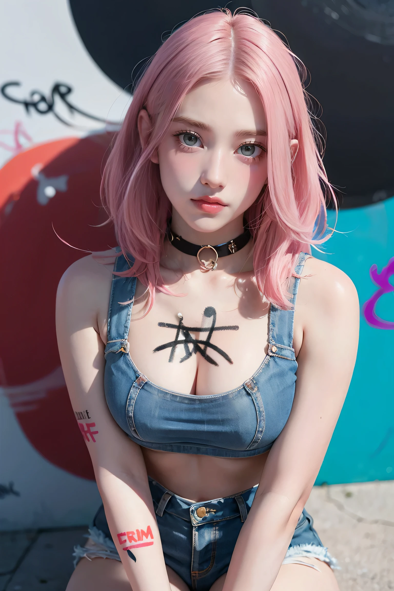 ((NSFW:0.9)),tall,(8k, highest quality, masterpiece:1,2), (Realistic, Photorealistic:1.37), Very detailed, One Girl,), (Very detailed), (Fine and beautiful eyes), (highest qualityの), (Very detailed ), (masterpiece), (Detailed face),20-year-old, ,1 girl, whole body, Pink Hair, Big Breasts,Dressed, Excited face, Mischievous face,Perfect lighting, Crop top, Denim shorts, choker, (graffiti:1.5), Paint splashes, Put your arms behind your back, Against the wall, Looking at the audience, Armband, Thigh straps, body paint, Tilt your head, boredom, Colorful Hair,Porcelain-like skin, (whole bodyショット, Centered),