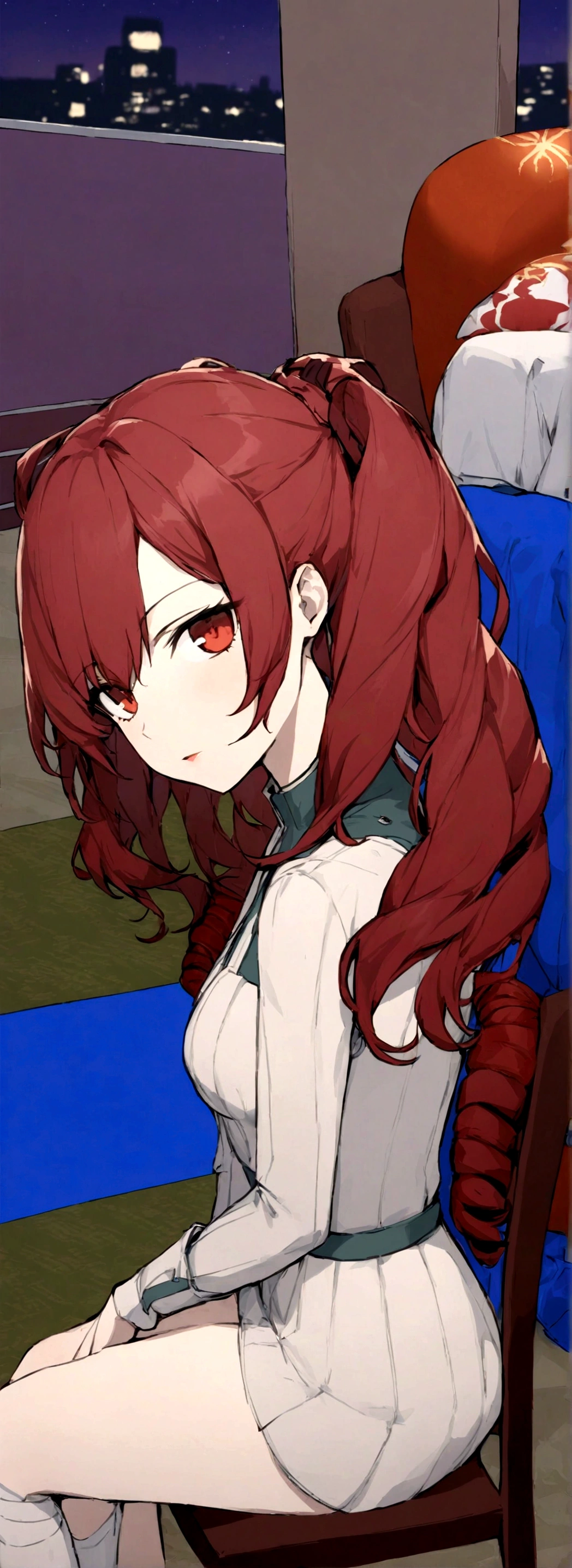 ((masterpiece, best quality)) Persona3ReloadMitsuru, 1girl, solo, long hair, red hair, wavy hair, side bangs, red eyes, on the coffee , minidress white, japonese city in the background night, sitting cross-legged, 20 years old,