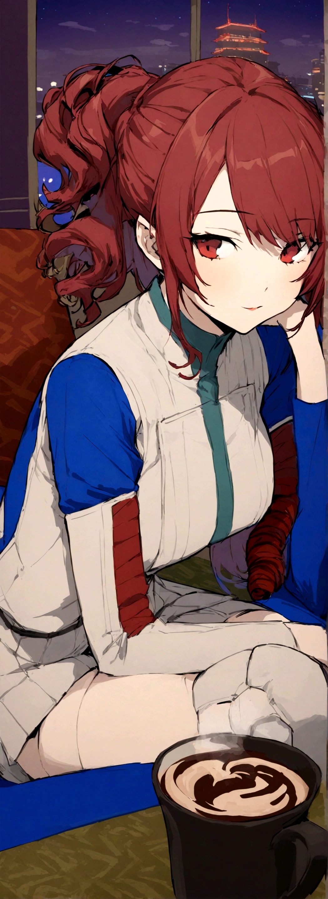 ((masterpiece, best quality)) Persona3ReloadMitsuru, 1girl, solo, long hair, red hair, wavy hair, side bangs, red eyes, on the coffee , minidress white, japonese city in the background night, sitting cross-legged, 20 years old,