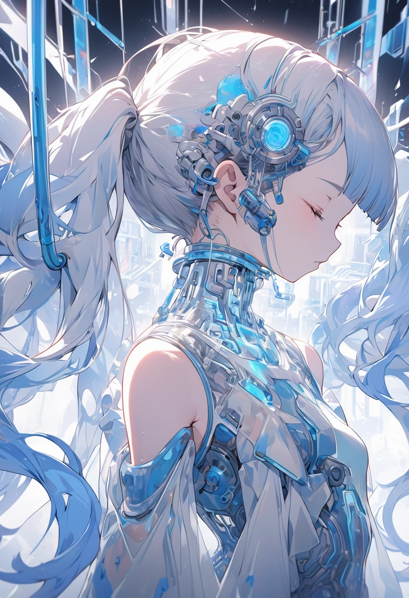 intricate illustration in imaginative and cyberpunk surrealist art style, bust of a translucent blue twin-tailed ether machine girl from a transparent large culture tank, blue and white mechanical body, blue tubes resembling blood vessels connected to neck and back, clear blue culture solution in the tank up to shoulders, tube connected to an external machine, girl with eyes closed looking down, high quality, high precision, 4k, 8k, ultra detailed