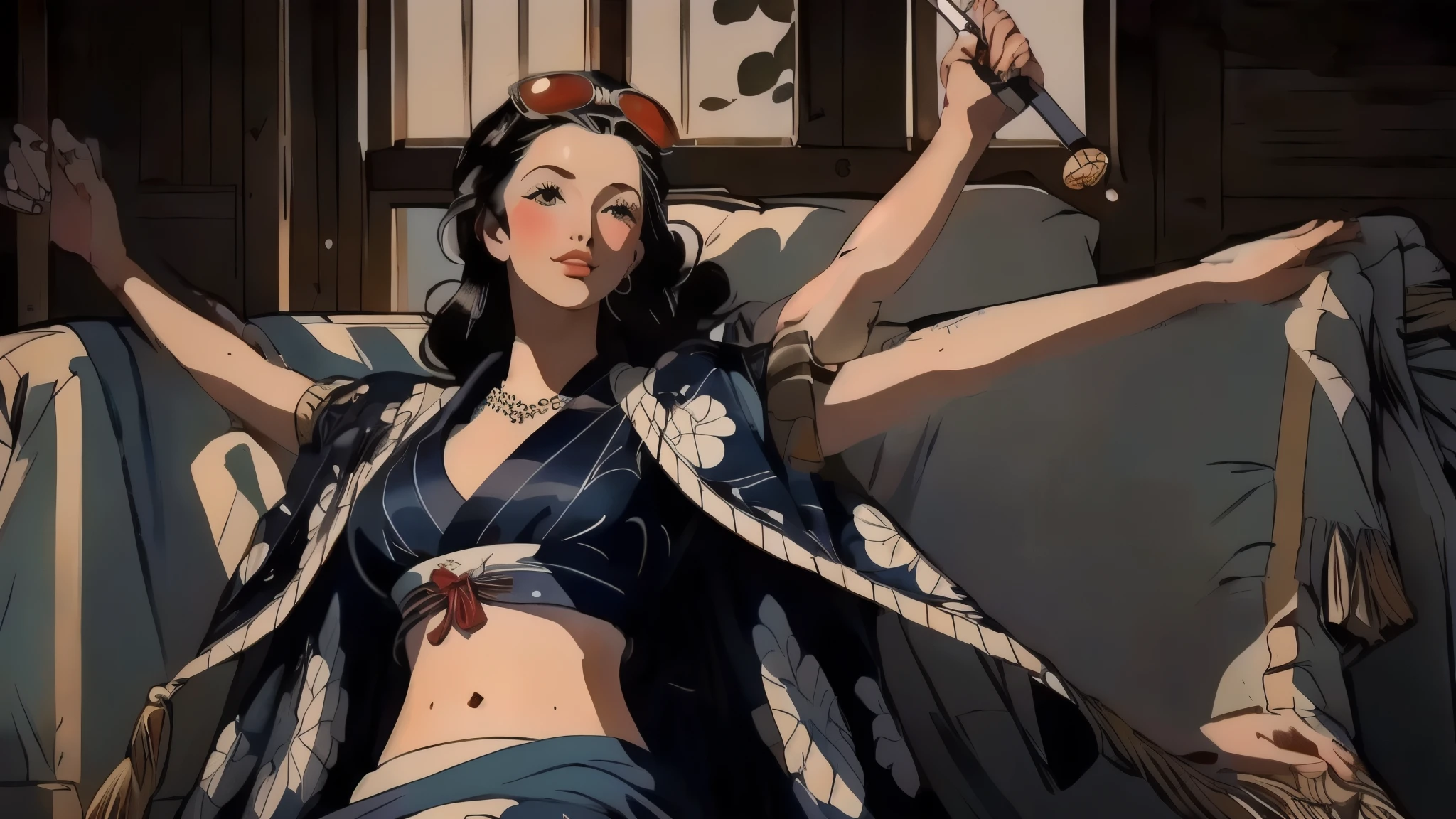 masterpiece, best quality, ukiyo-e:1.2, in hokusai style, a beautiful 20s french model, ultra detailed face
