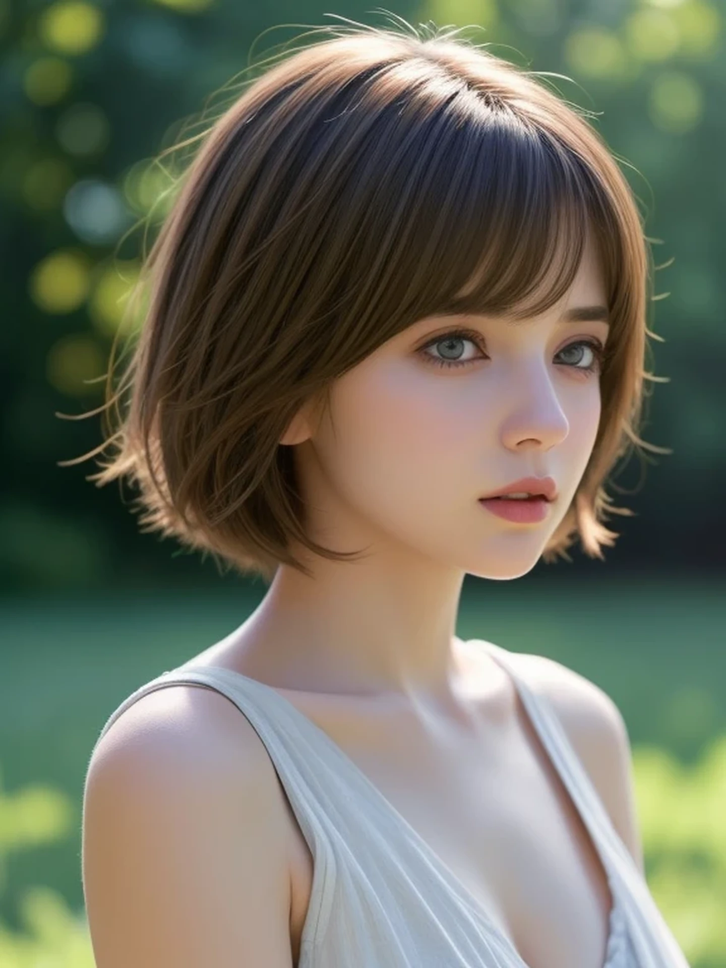 (looking away:1.4), (upper body shot:1.2), Realistic digital painting of a woman portrait, Shy, Cute, open mouth to say something, sad, blue eyes, (short hair:1.1), (light brown brunette hair:1.3), (Highly detailed skin:1.2), Mystical style, Global Illumination,