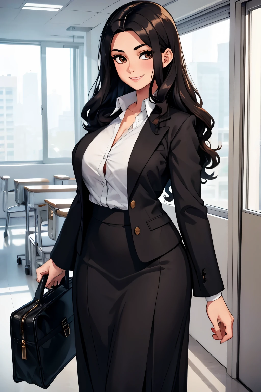 1girl, black hair, long wavy hair, dark brown eyes, smiling, milf, school teacher, wearing a teacher's suit, black coat, white shirt with a few buttons unbuttoned, long skirt, holding a teacher's bag, mature woman, open chest
