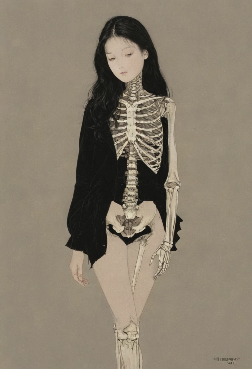 (masterpiece, best quality:1.2), sbgy，1girl，solo，anatomical correct:2, beautiful，black background, half skeleton half clothed body