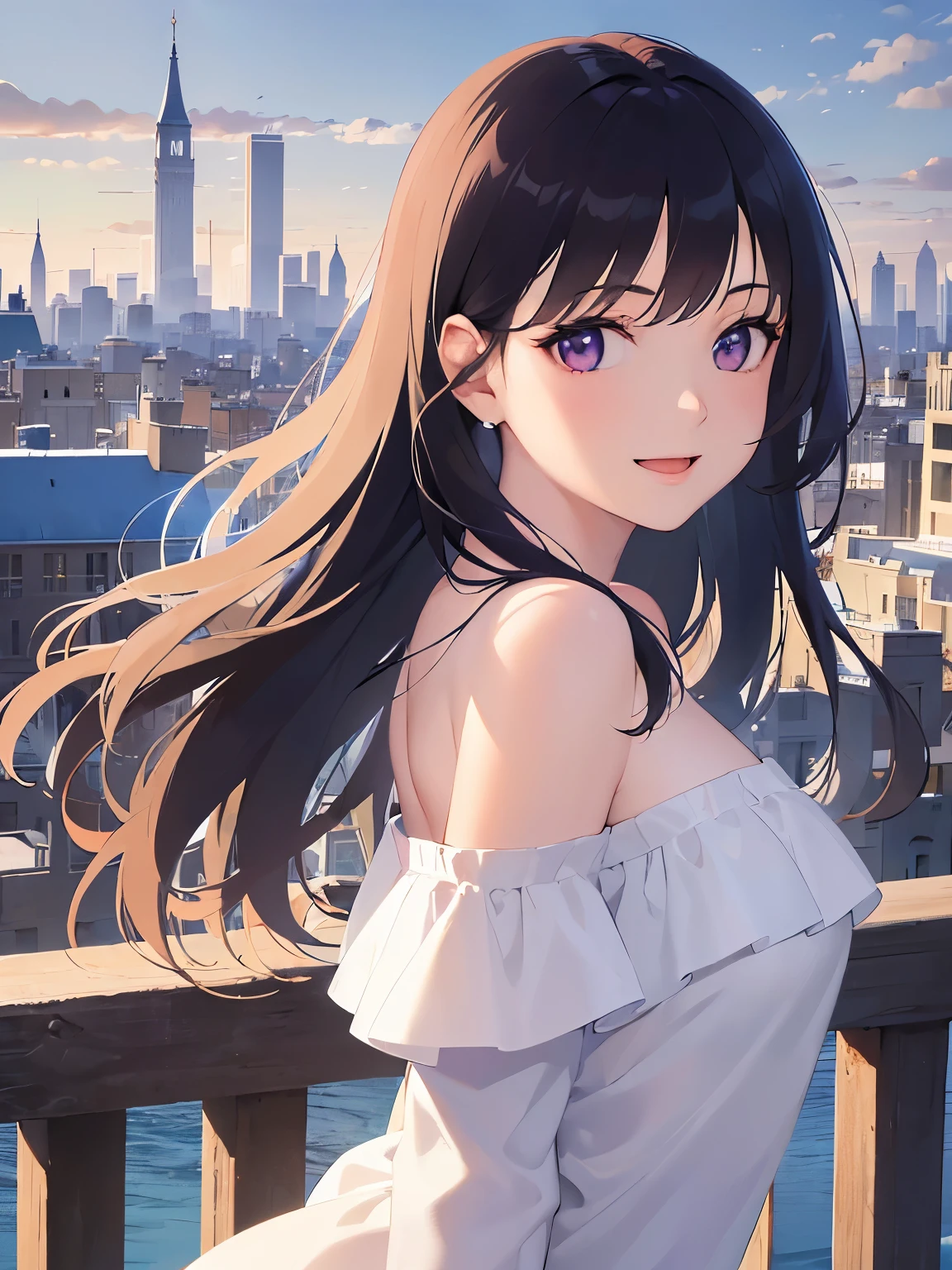 Detailed CG, Ultra-fine illustrations,masterpiece,highest quality, AW Photos,Realistic,Upper Body,BREAK(White Off Shoulder Blouse:1.5)BREAK, (Pale skin:1.2),Shiny skin Shiny Hair、(A 26-year-old woman with straight hair and bangs)and(Medium Hair)and(Black Hair)and(Purple eyes),(looking away:1.5)and(smile:1.5)and(Open mouth),(hand on own chin),(Biologically correct５Fingesurprised)and(missing fingers),The background is the city,alone