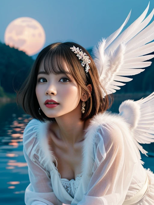 (A Ultra cute young Japanese Angel:1.75), (She has real Angel wings:1.75),(she wearing a decorated with feathers and lace holy angel costume slim fit:1.75),(She is an angel floating in the air on the lake:1.5),(beautiful detailed eyes:2.0),beautiful detailed lips, (extremely detailed cute face:2.0), longeyelashes, (slender woman body:1.75), (beautiful short hair:1.75), (natural makeup:1.2),big smile, incredibly beautiful skin,(professional lighting, bright lighting, photorealistic, 8k, high resolution, best quality, masterpiece, ultra-detailed:1.75), vivid colors, (Moonlit Night:1.5),(The moonlight shines on her face:1.2)