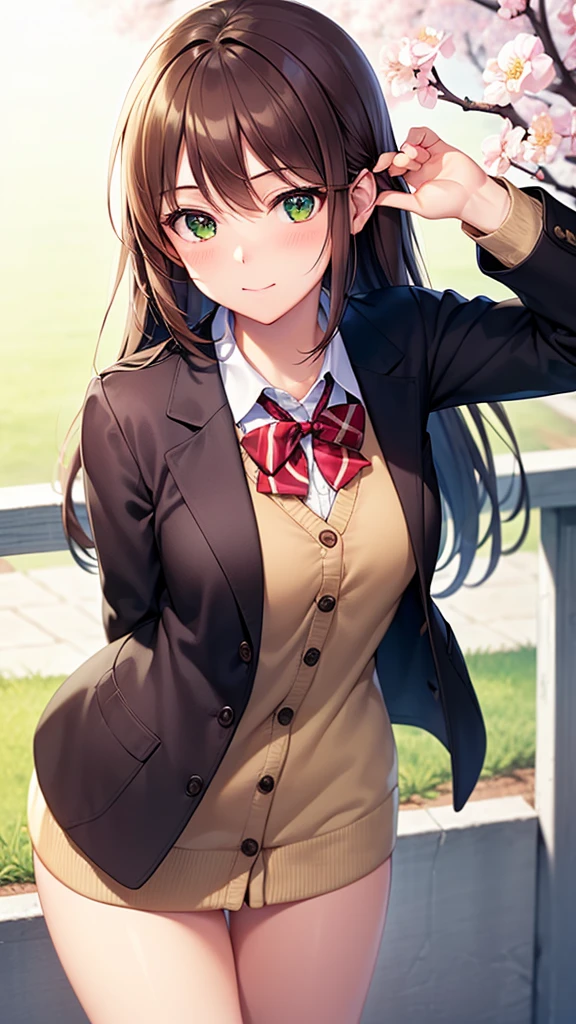 ((masterpiece, highest quality, High resolution, 超High resolution, Pixel perfect, Depth of written boundary, 4K, RTX, High resolution))), One girl, single, alone, Beautiful Anime Girls, Beautiful art style, Anime characters, ((Long Hair, bangs, Dark brown hair, Simple hairpin)), ((Green Eyes:1.4, Round eyes, pupil, Beautiful eyelashes, Realistic eyes)), ((Detailed face, Blushing:1.2)), ((Smooth texture:0.75, Realistic texture:0.65, Realistic:1.1, Anime CG Style)), Medium chest, ((Dynamic Angle, Cowboy Shot)), Perfect body, ((Red bow tie, , Black jacket, Open jacket, Brown cardigan, White shirt, Black Skirt, Checked skirt)), smile, Put your hands behind your back, Leaning forward, amusement park, cherry blossoms