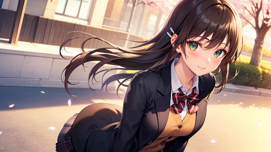 ((masterpiece, highest quality, High resolution, 超High resolution, Pixel perfect, Depth of written boundary, 4K, RTX, High resolution))), One girl, single, alone, Beautiful Anime Girls, Beautiful art style, Anime characters, ((Long Hair, bangs, Dark brown hair, Simple hairpin)), ((Green Eyes:1.4, Round eyes, pupil, Beautiful eyelashes, Realistic eyes)), ((Detailed face, Blushing:1.2)), ((Smooth texture:0.75, Realistic texture:0.65, Realistic:1.1, Anime CG Style)), Medium chest, ((Dynamic Angle, Cowboy Shot)), Perfect body, ((Red bow tie, , Black jacket, Open jacket, Brown cardigan, White shirt, Black Skirt, Checked skirt)), smile, Put your hands behind your back, Leaning forward, amusement park, cherry blossoms