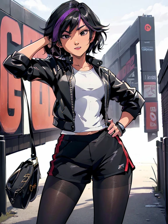 (best quality:1.3), (4K quality),masterpiece, best quality, high res, detailed, (Detailed face:1.2), (Detailed eyes:1.2), (Perfect figure:1.2), CARTOON, ANIME, CARTOON ARTSTYLE, 1girl, alone, Gogo Tomago from Big Hero Six, a young woman in her twenties, confident smile, sexy pose,(Wearing: Opened jacket, white undershirt, short-shorts, black pantyhose, sneakers:1.2), (blowing bubble gum), looking at viewer,
