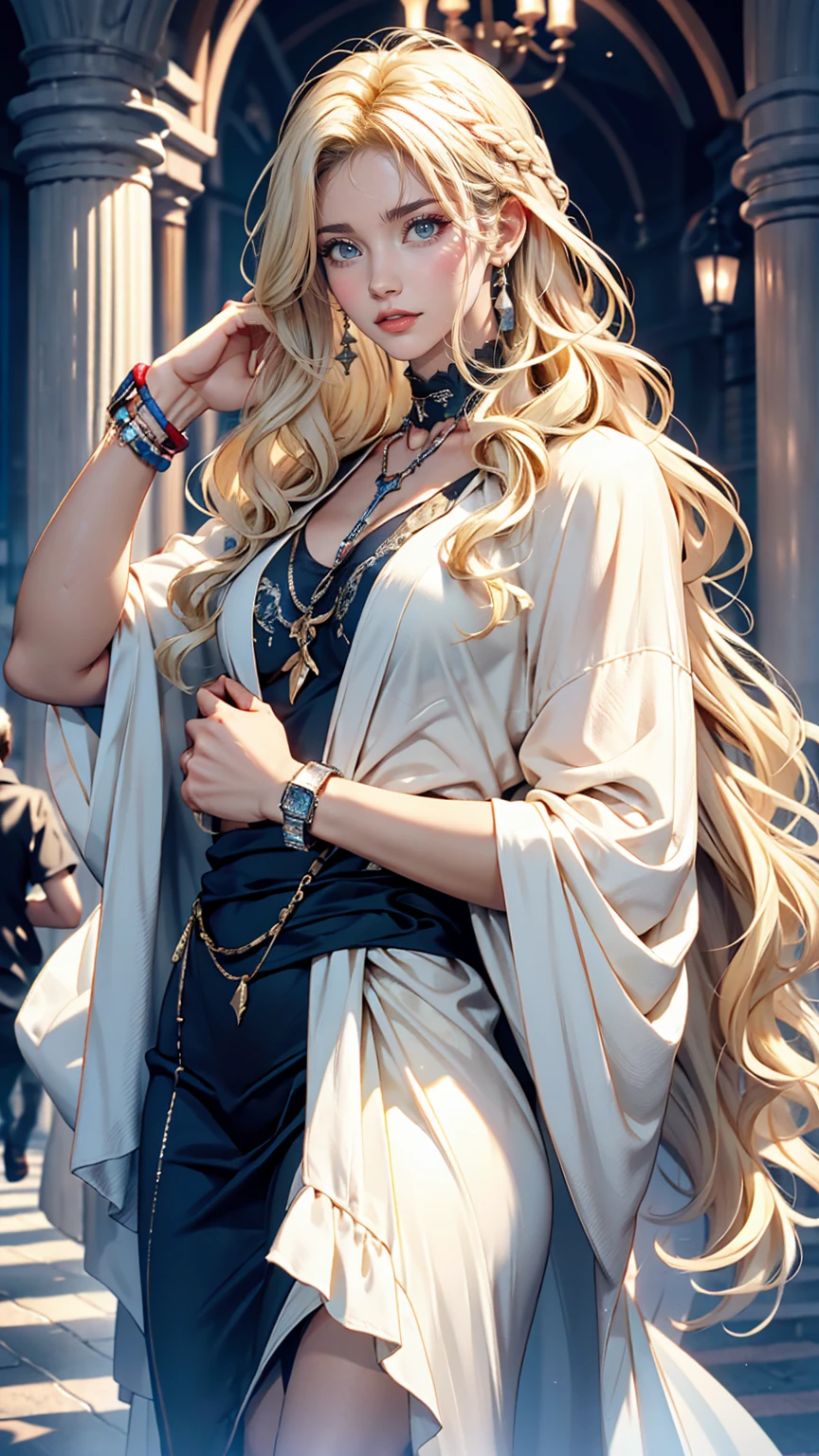 25-year-old Caucasian female、Platinum Blonde、blue eyes、long hair、My hair is wavy、Wearing accessories on the wrist、I'm wearing a choker、Shiny skin、smile、The navel is sticking out、Big Breasts、I want my head to stay off screen、In the back alleys of a busy downtown area at night、Wearing a hoodie with the hood up、Looking at me while hiding his face with his hood、I'm wearing leggings、Crouching、Looking to the side、My chest is popping out、Shiny skin