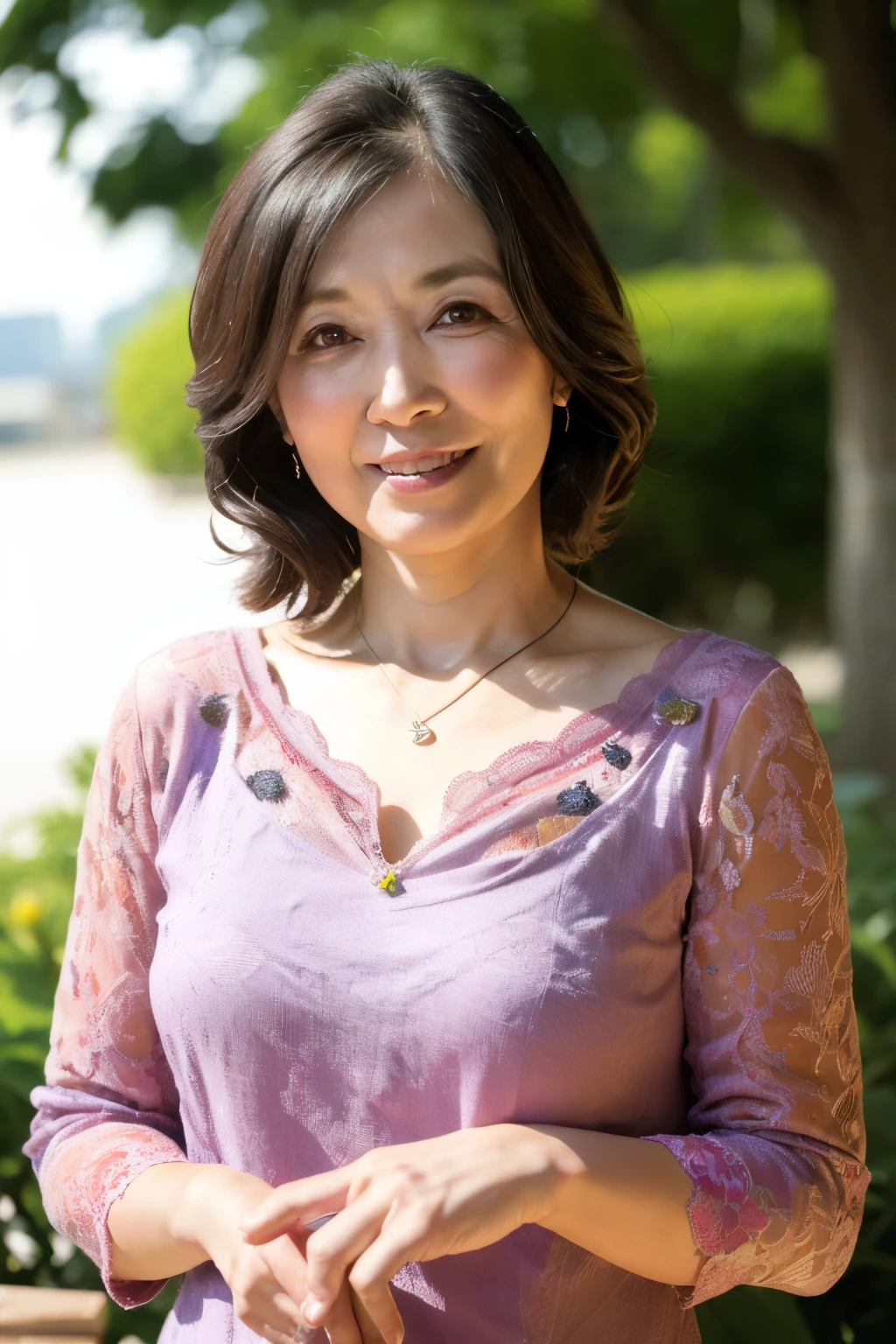 最high quality, In 8K, Masseter muscle area, Lifelike, Sharp focus, high quality, High resolution, Detailed face, Detailed eyes, Thick lips, Background Blur, solo, Middle-aged women, , 55 years old, , Wavy Hair, Cleavage, Wearing a plain short-sleeved knit, Afternoon in front of the park garden, Wrinkles around the eyes, Toothy smile