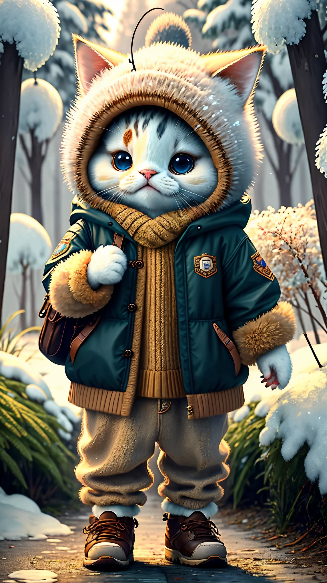 best image quality、"Create cute creature masterpieces.、（winter）American Shorthair, high detail, In 8K、best image quality、Dressed as an adventurer、Bogan in hand、Video Game Hero Costume、(((cute)))、