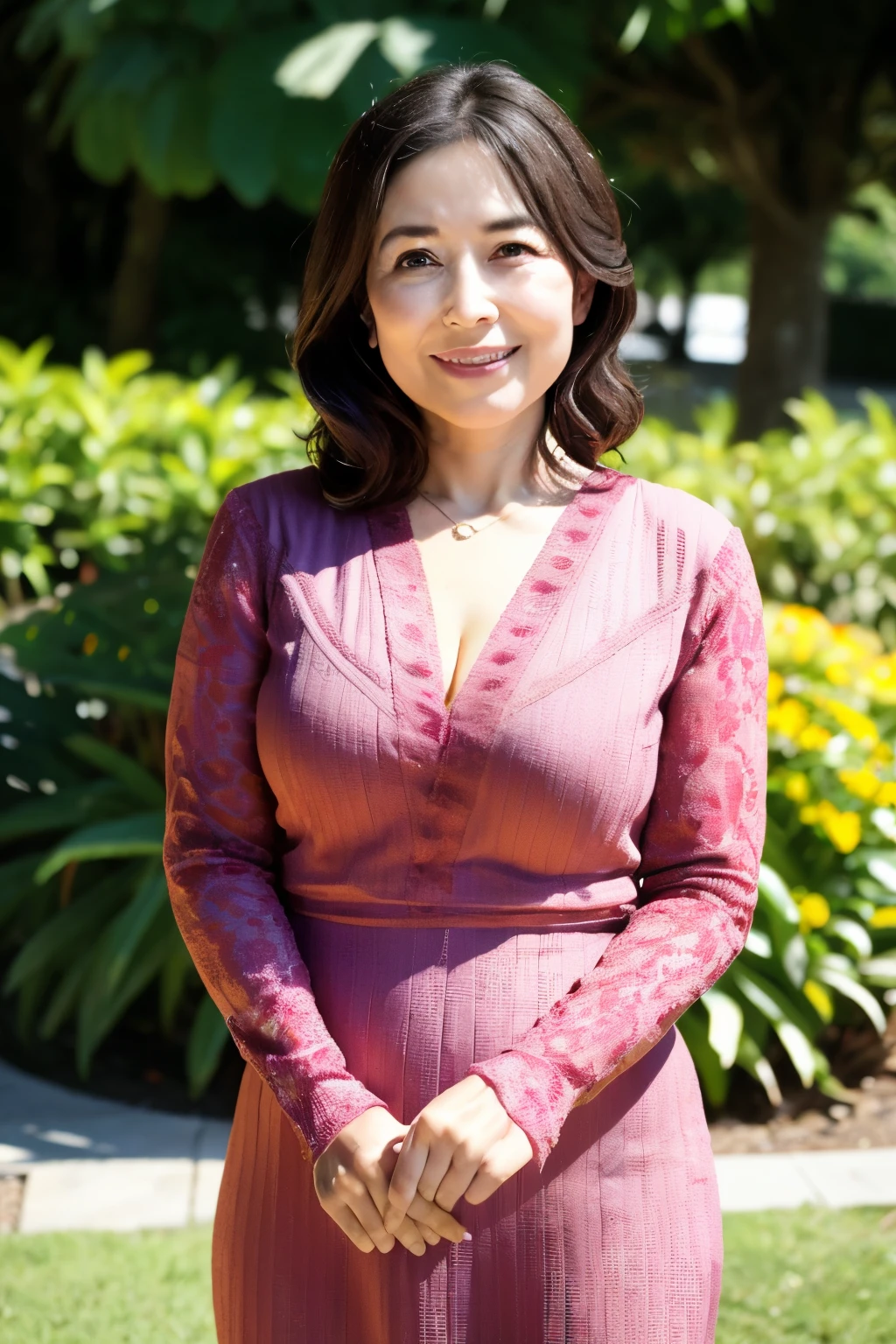 最high quality, In 8K, Masseter muscle area, Lifelike, Sharp focus, high quality, High resolution, Detailed face, Detailed eyes, Thick lips, Background Blur, solo, Middle-aged women, , 55 years old, , Wavy Hair, Cleavage, Wearing a plain short-sleeved knit, Afternoon in front of the park garden, Wrinkles around the eyes, Toothy smile